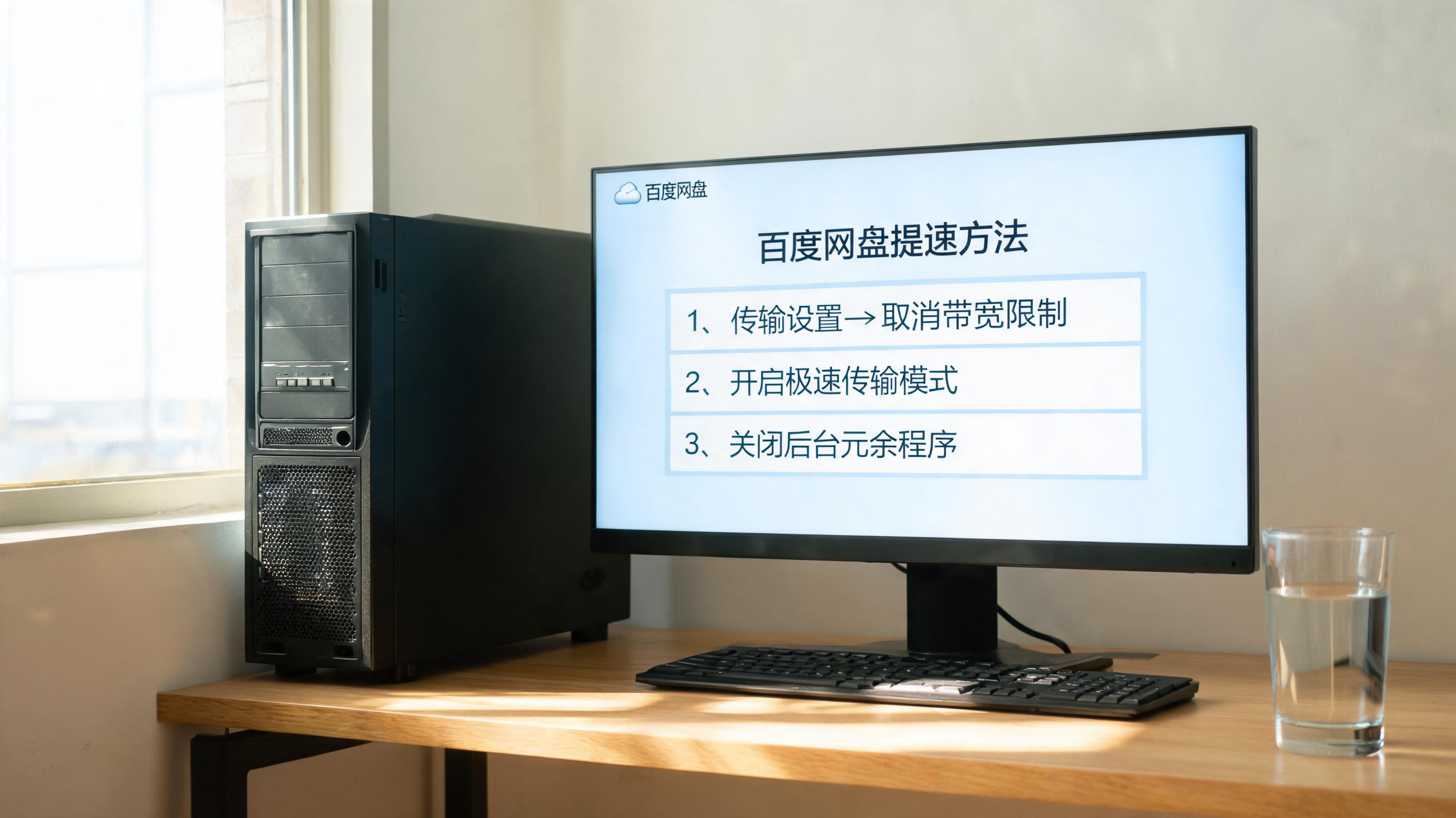 书桌上的主机，屏幕显示百度网盘提速方法电脑设置界面，桌角放着水杯，自然光