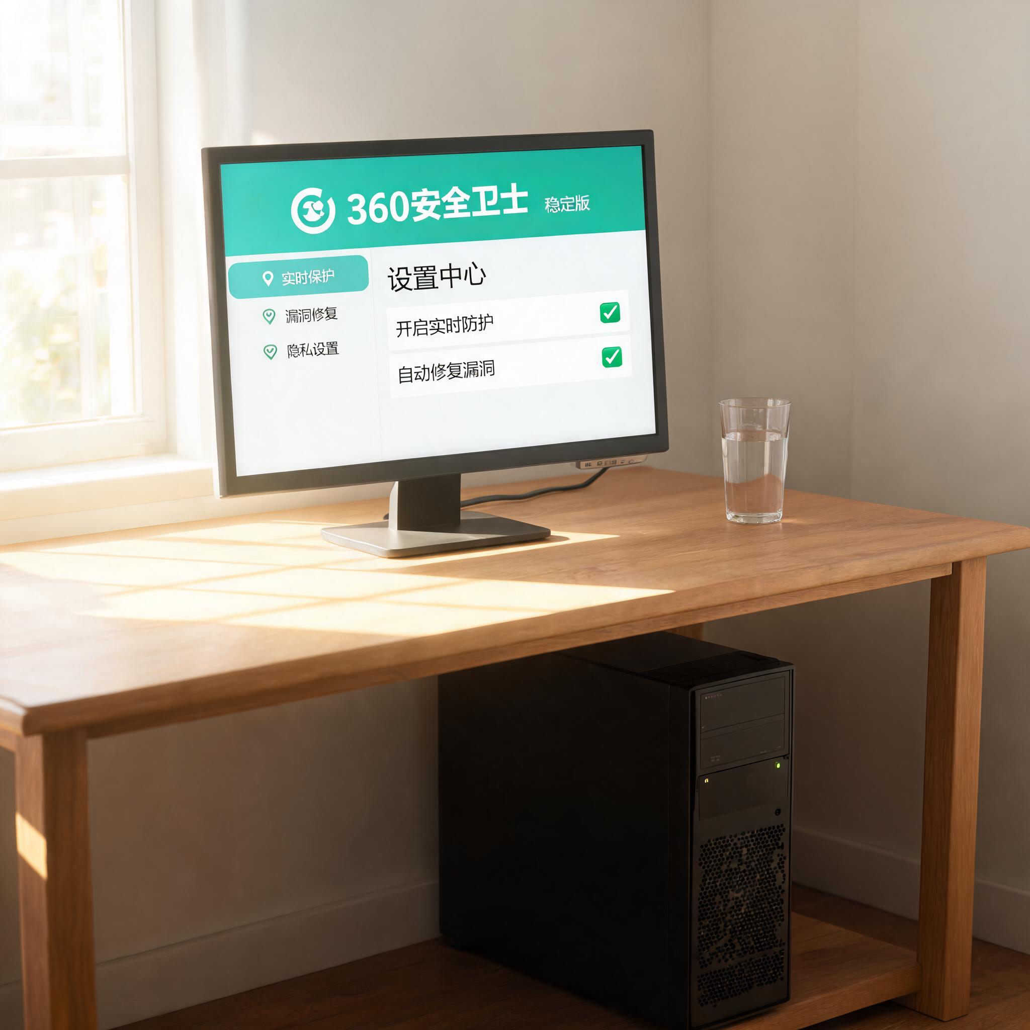 书桌上的主机，屏幕显示360 卫士稳定版设置界面，桌角放着水杯，自然光