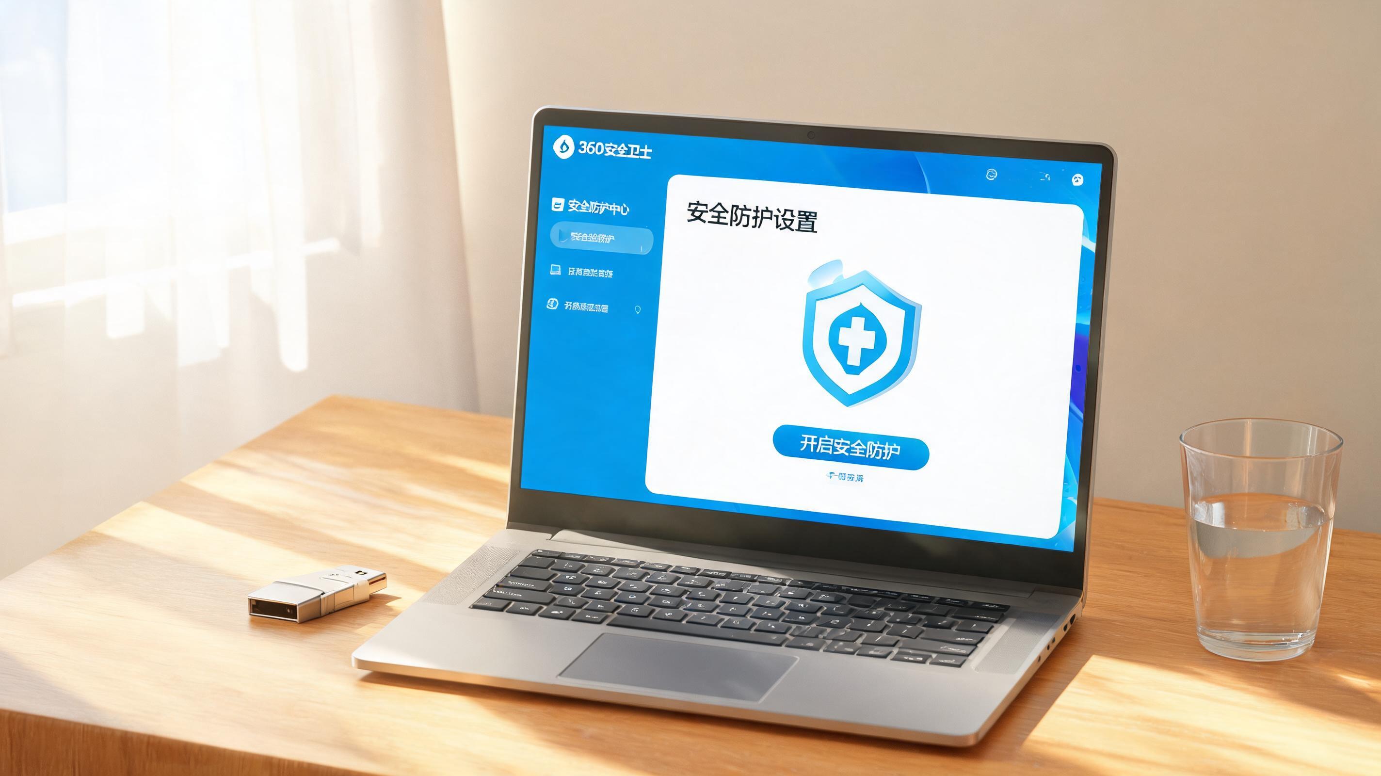 书桌上的U盘，屏幕显示360 卫士怎么开启安全防护设置界面，桌角放着水杯，自然光