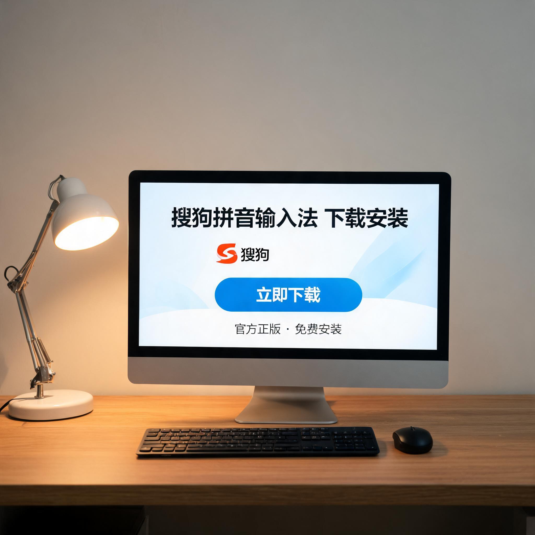 电脑桌上的电脑，屏幕显示搜狗拼音输入法下载安装界面，旁边放着台灯