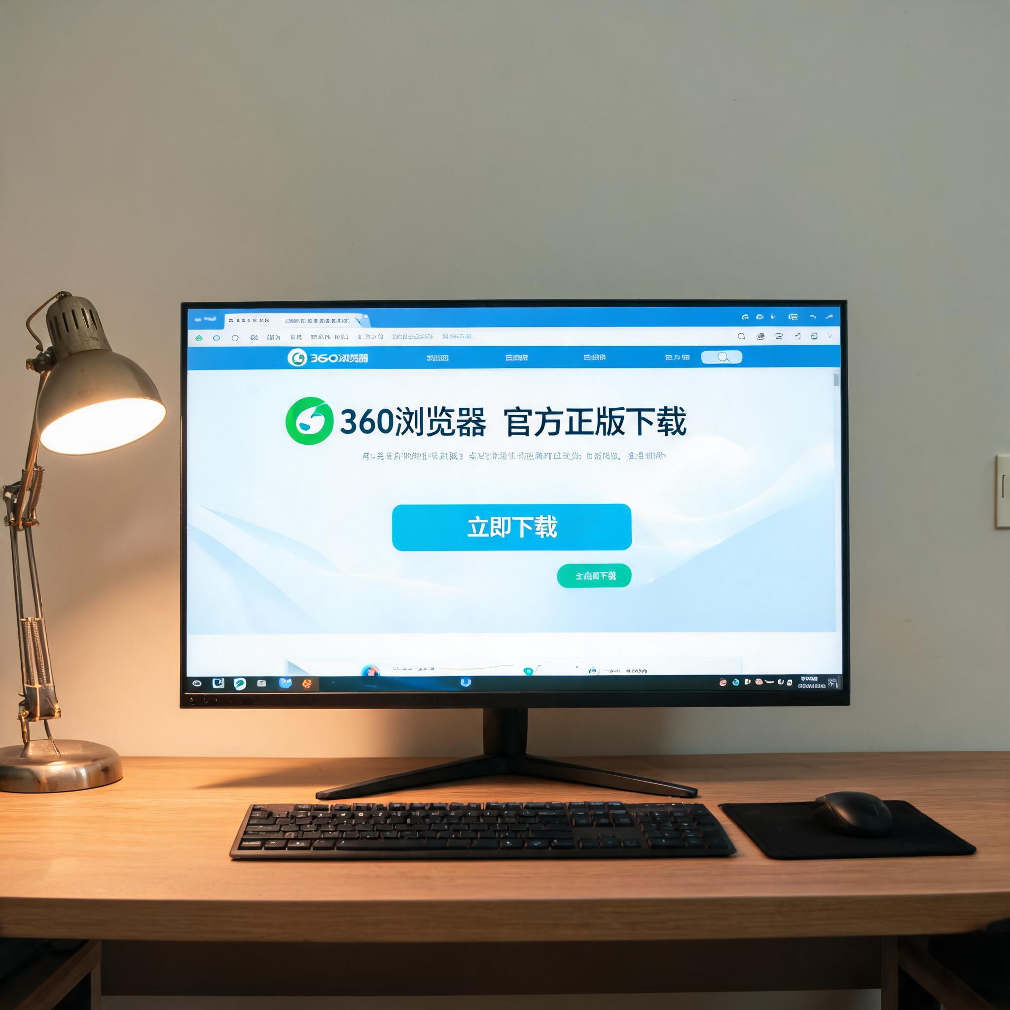 电脑桌上的电脑，屏幕显示360 浏览器官方正版下载界面，旁边放着台灯