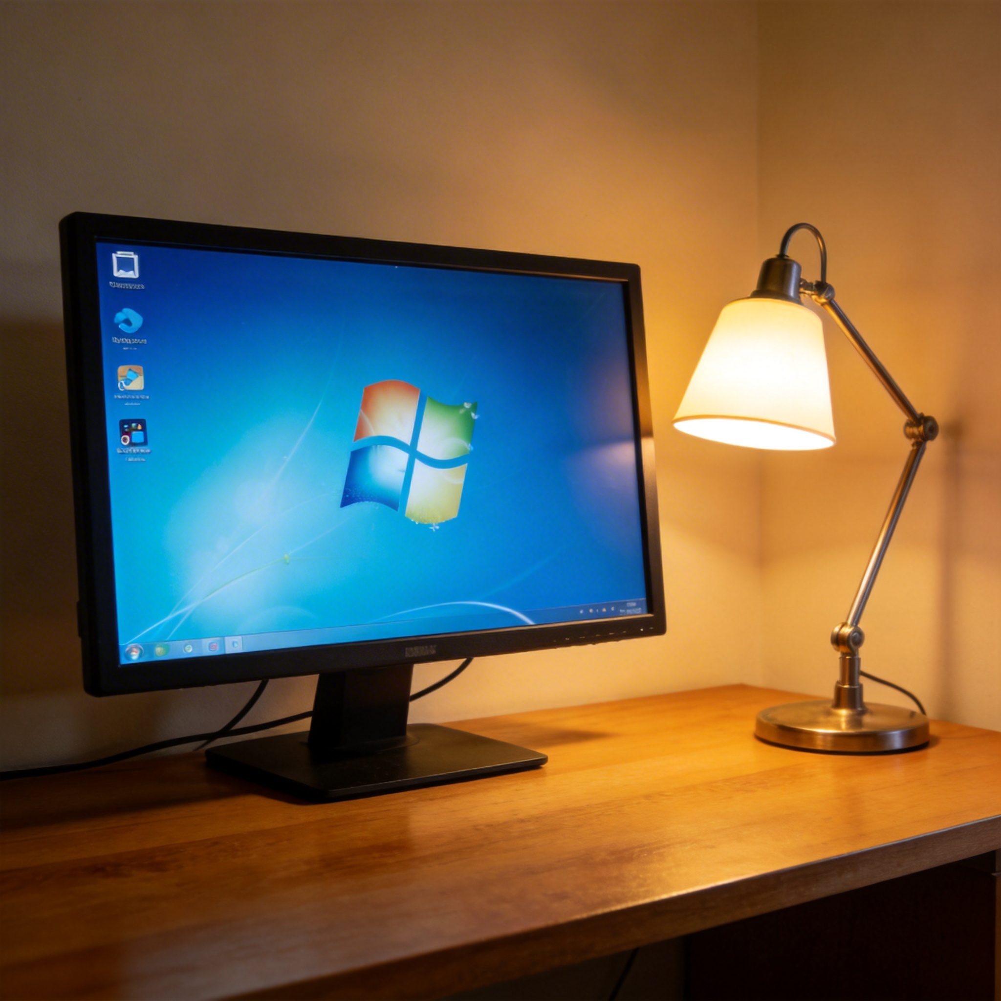 电脑桌上的电脑，屏幕显示Windows桌面，旁边放着台灯