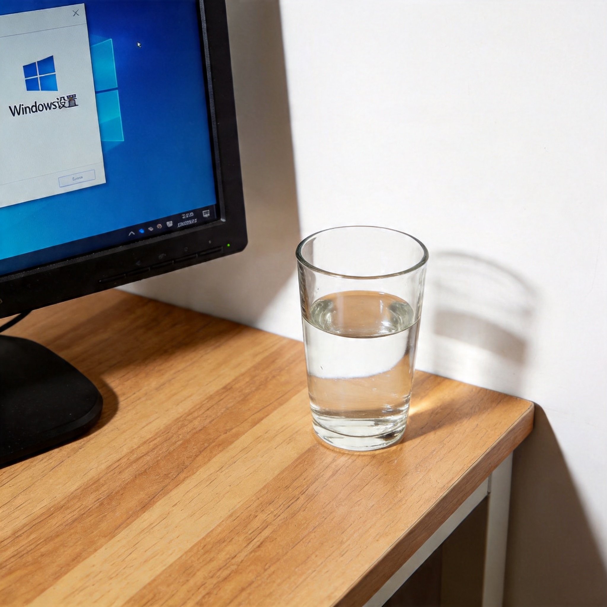 书桌上的电脑，屏幕显示Windows设置界面，桌角放着水杯，自然光