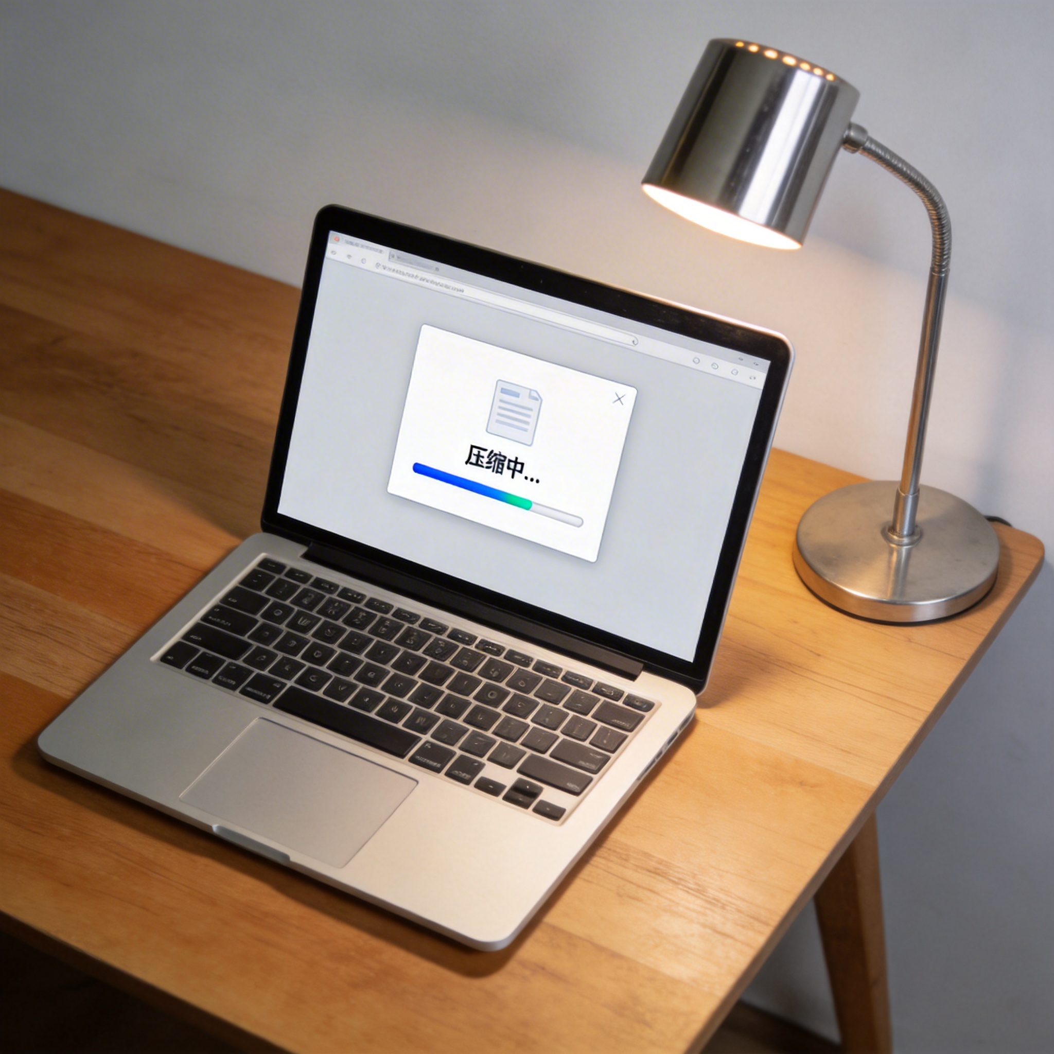 电脑桌上的电脑，屏幕显示文件压缩窗口，旁边放着台灯