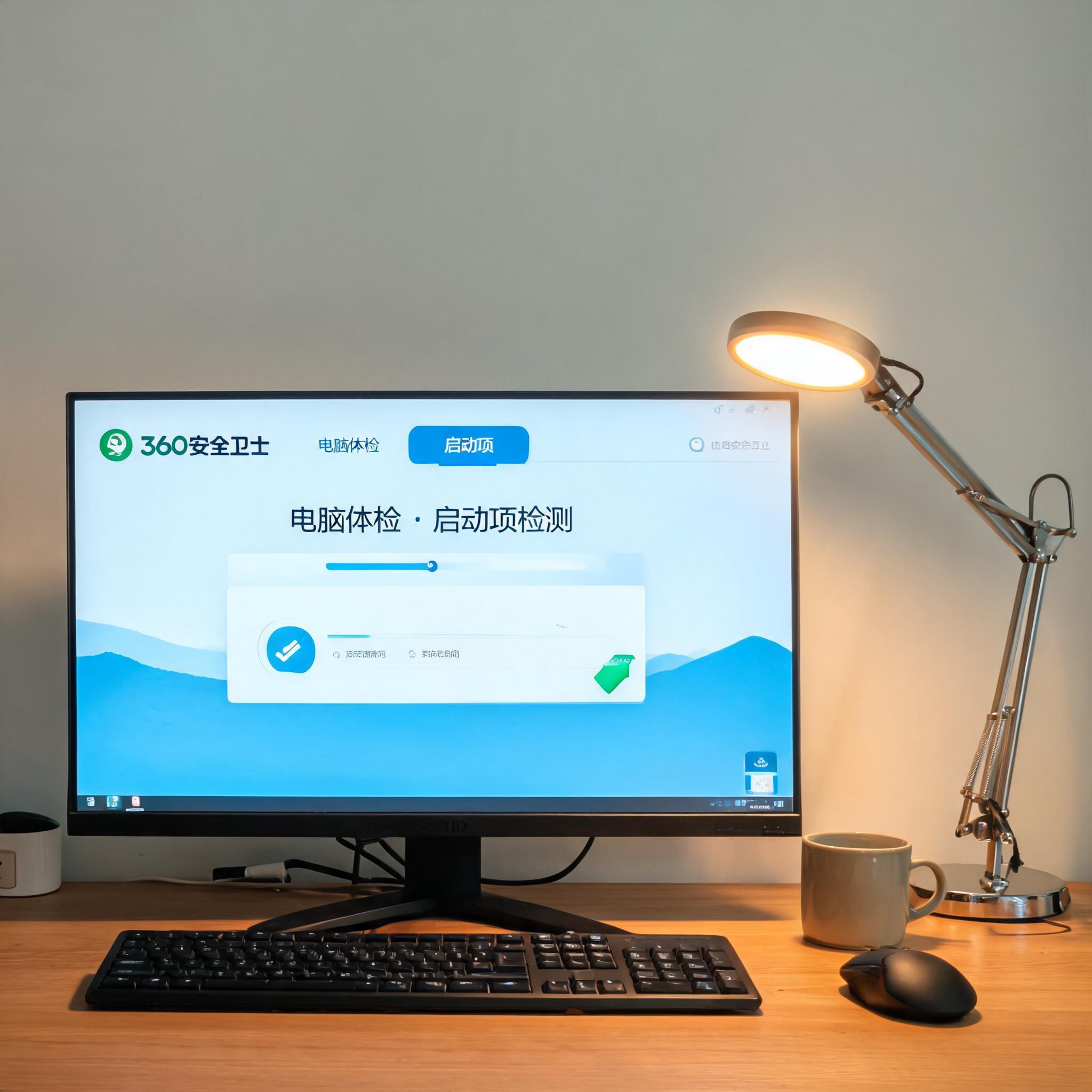 电脑桌上的电脑，屏幕显示360 卫士电脑体检功能启动项，旁边放着台灯