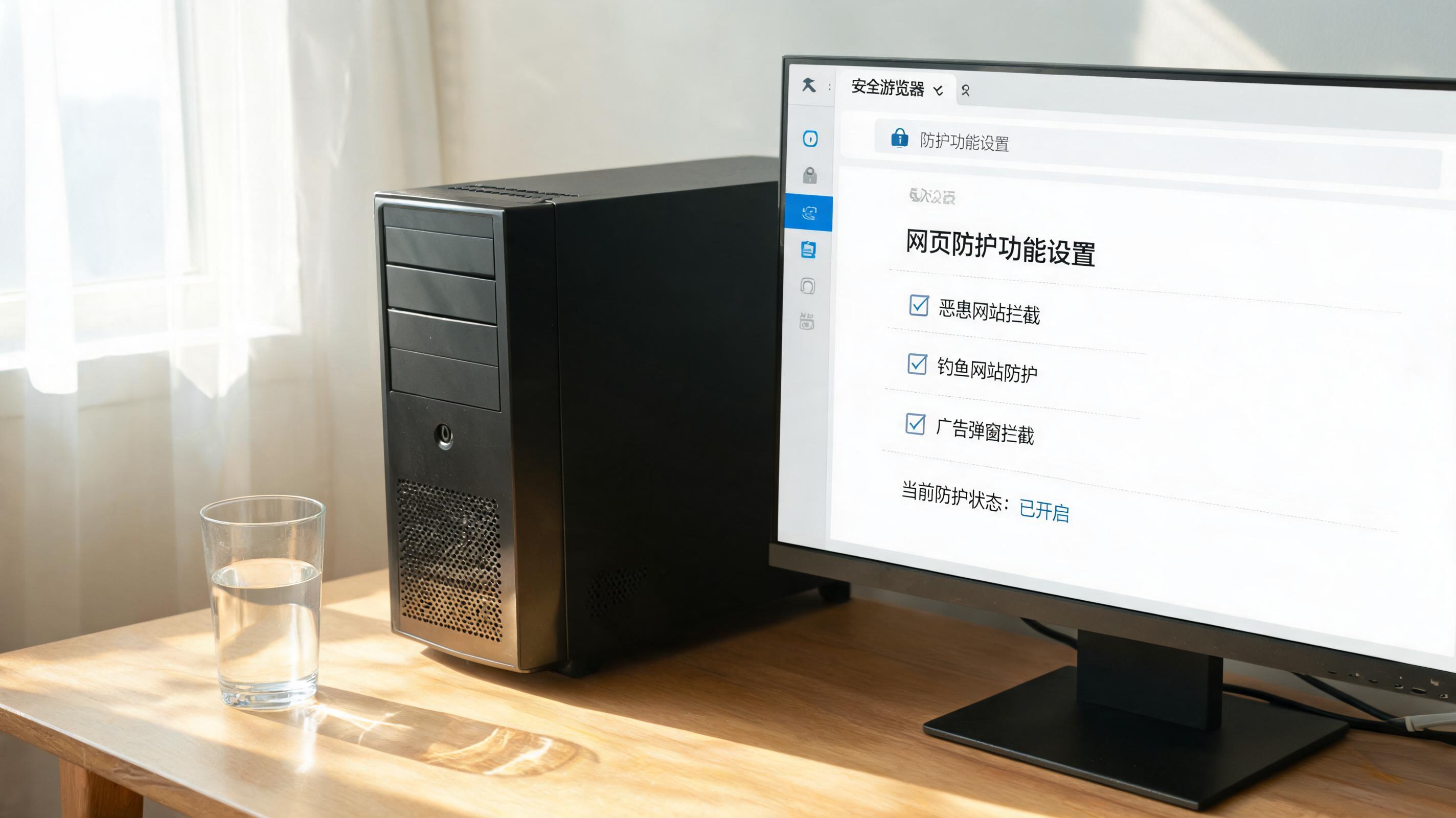 书桌上的主机，屏幕显示安全浏览器网页防护功能设置界面，桌角放着水杯，自然光