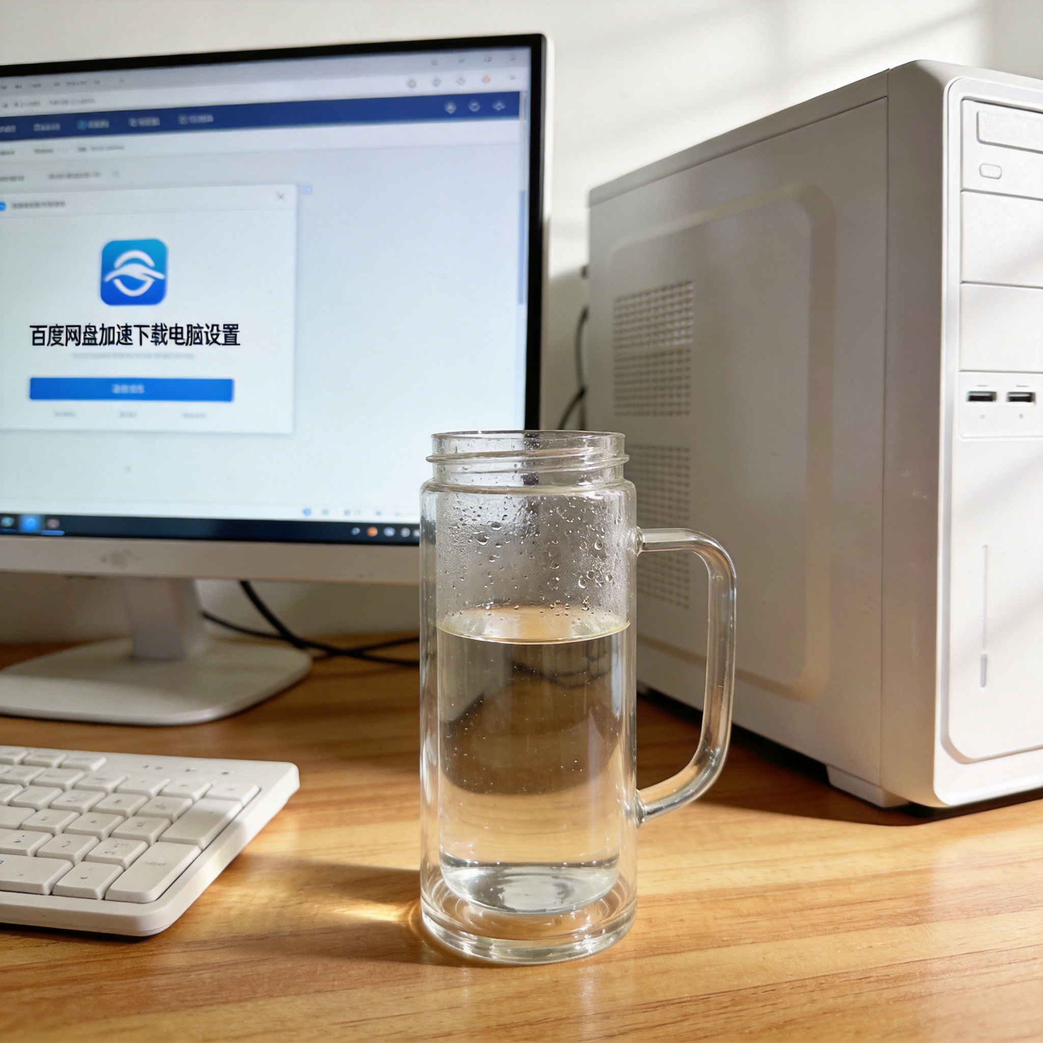 书桌上的主机，屏幕显示百度网盘加速下载电脑设置设置界面，桌角放着水杯，自然光