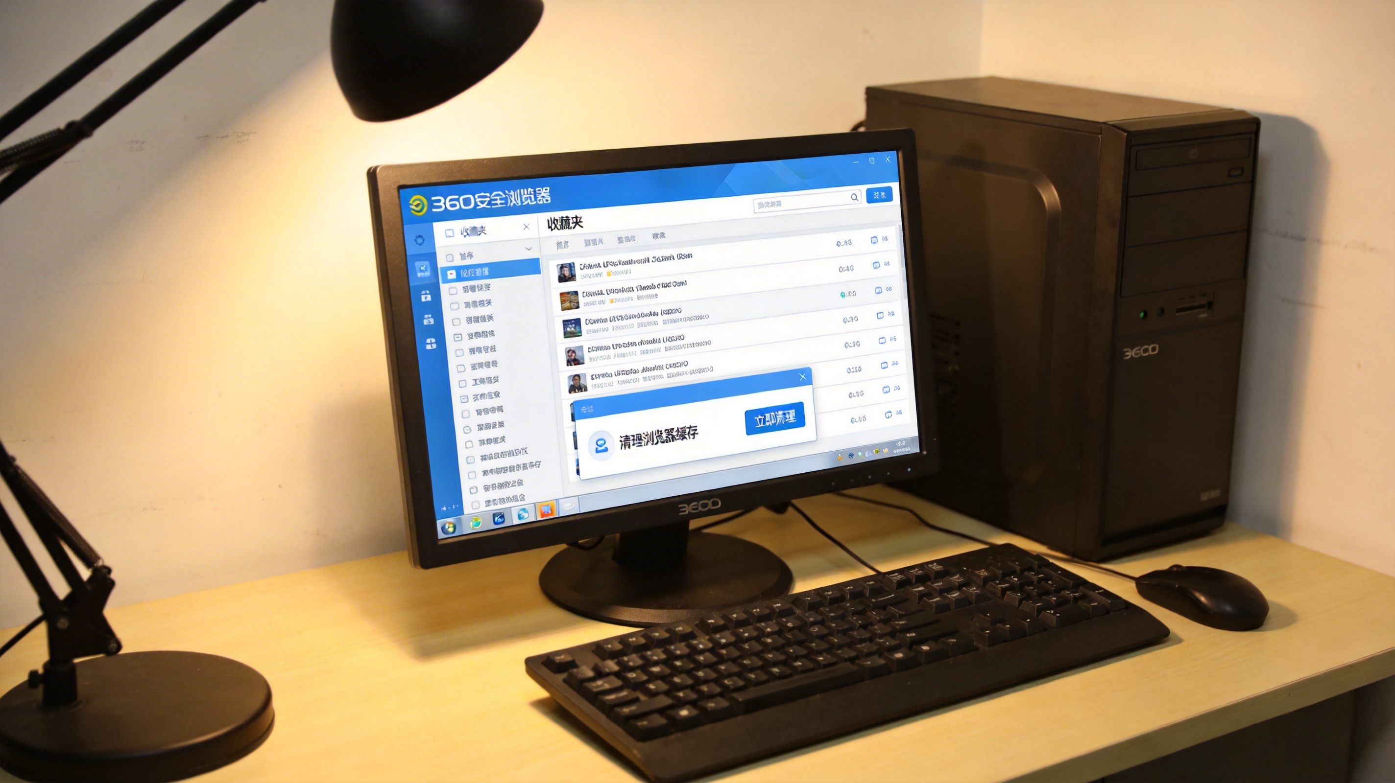 电脑桌前的台式机，屏幕显示360安全浏览器的收藏夹页面，下方有清理缓存的弹窗，台灯光线