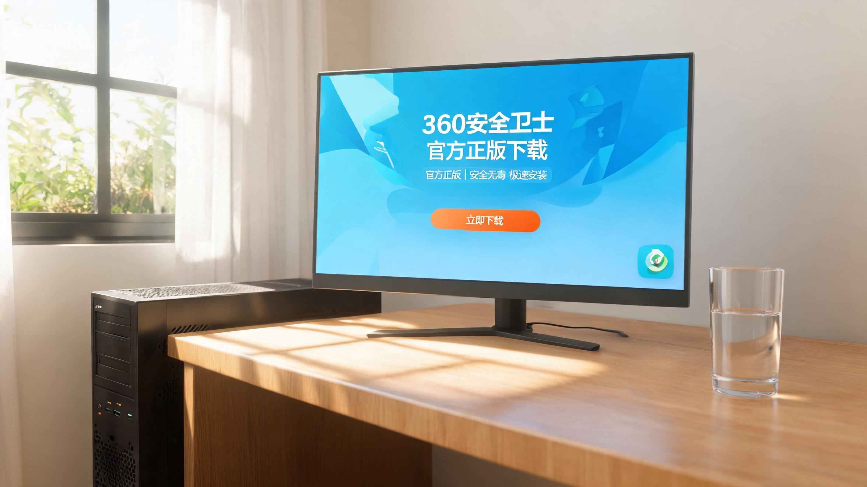 书桌上的主机，屏幕显示360 安全卫士官方正版下载设置界面，桌角放着水杯，自然光
