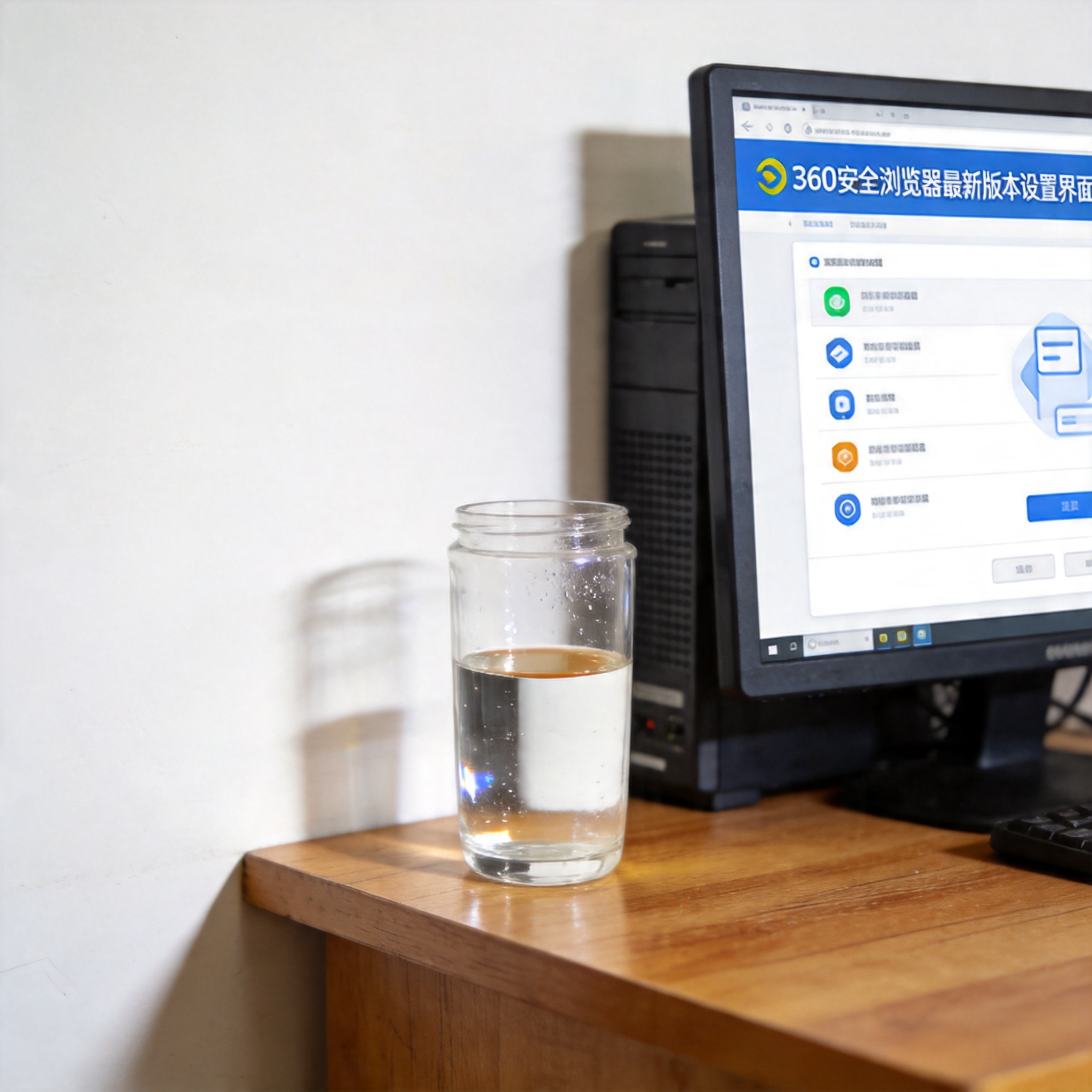 书桌上的主机，屏幕显示360 安全浏览器最新版本设置界面，桌角放着水杯，自然光