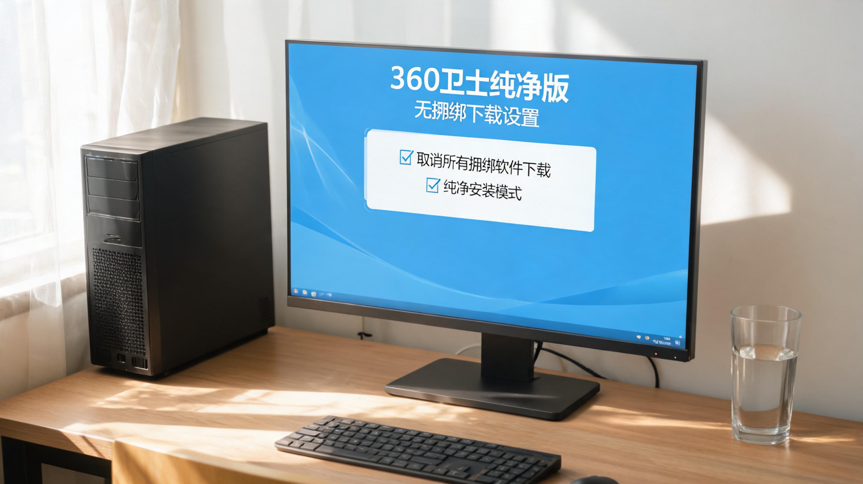 书桌上的主机，屏幕显示360 卫士纯净版无捆绑下载设置界面，桌角放着水杯，自然光