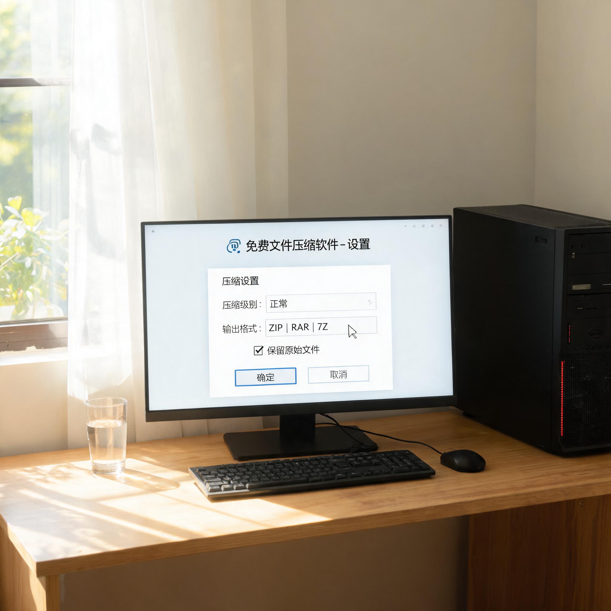书桌上的主机，屏幕显示免费文件压缩软件官方设置界面，桌角放着水杯，自然光