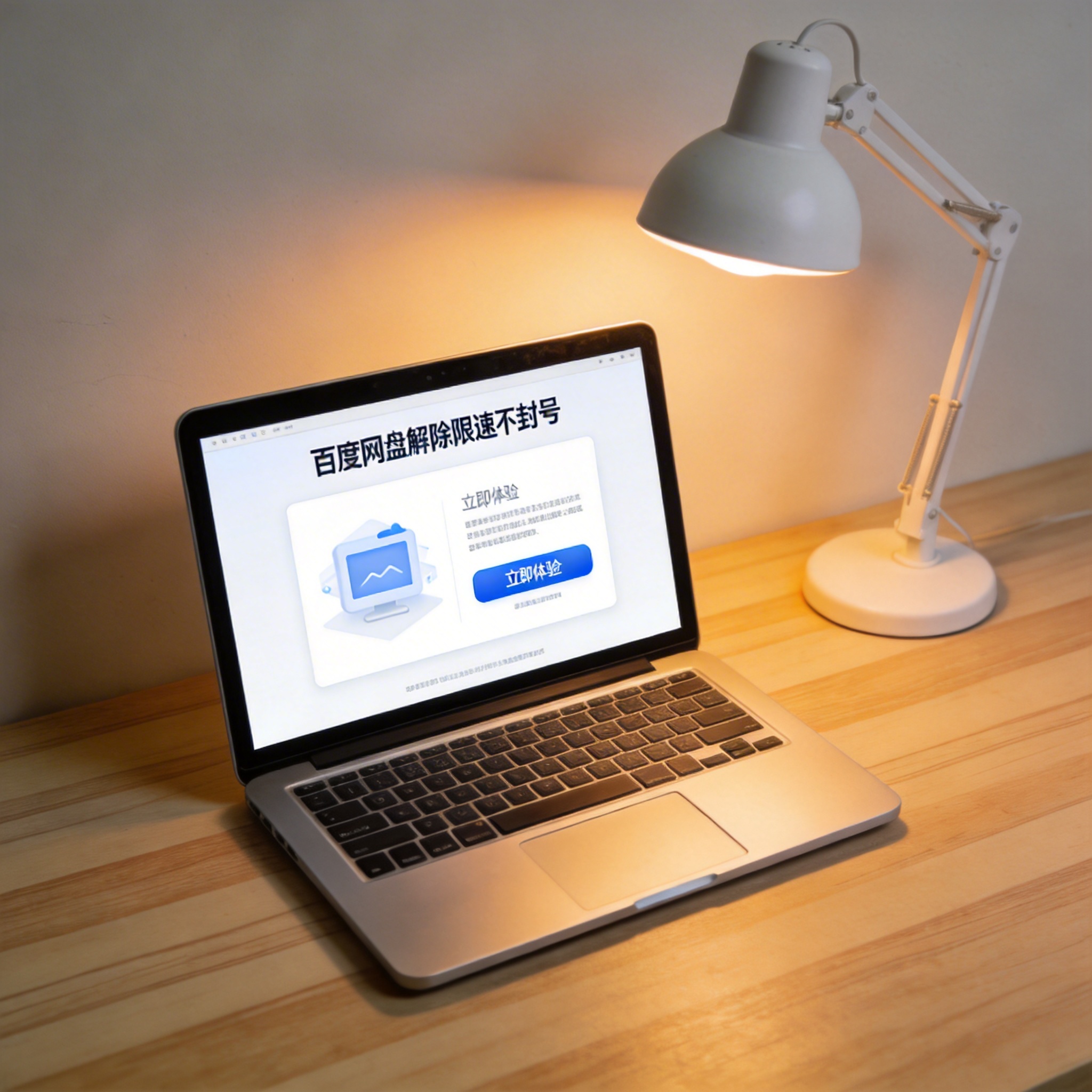 电脑桌上的电脑，屏幕显示百度网盘解除限速不封号界面，旁边放着台灯