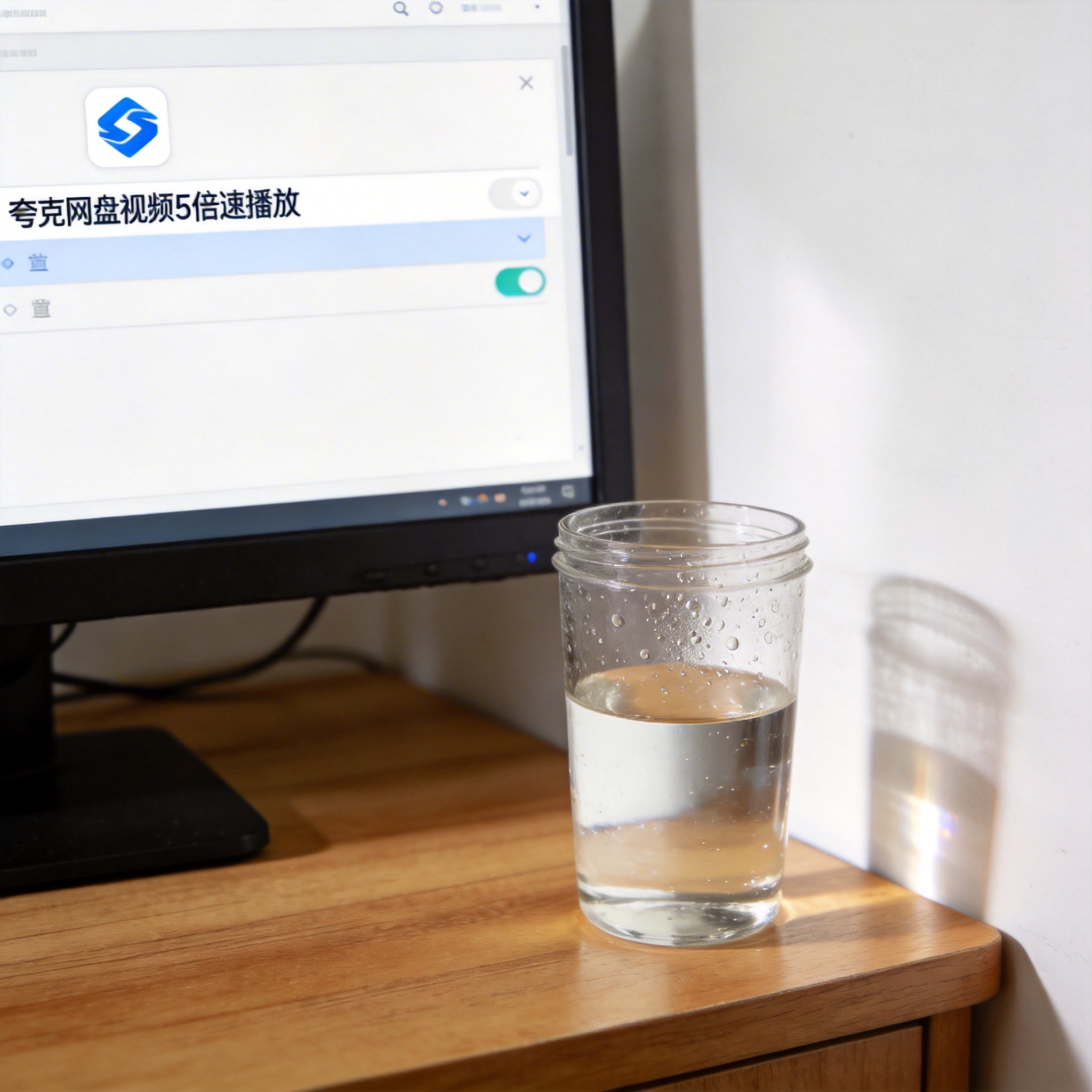 书桌上的主机，屏幕显示夸克网盘视频 5 倍速播放设置界面，桌角放着水杯，自然光