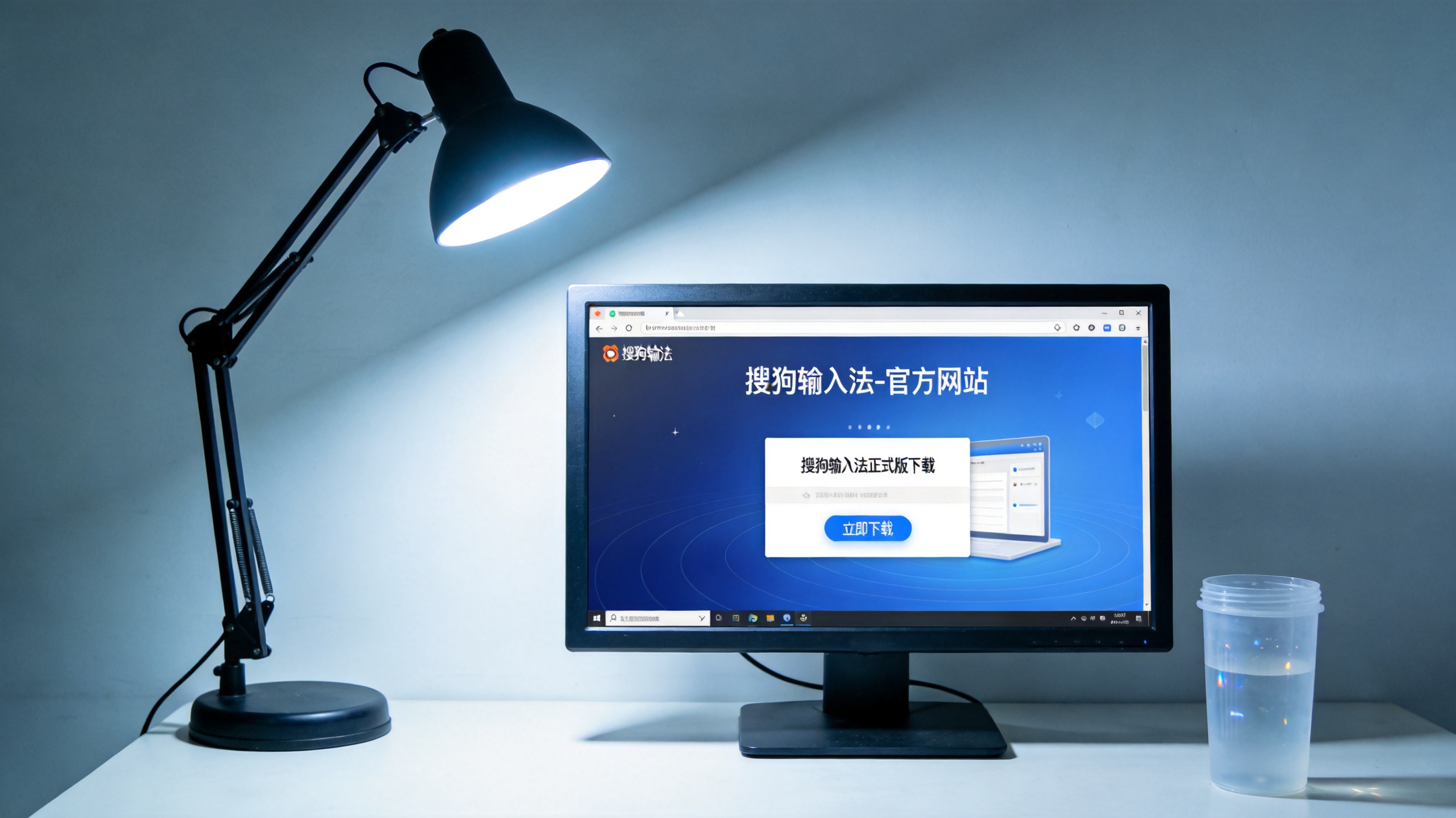 Windows系统的电脑屏幕，显示搜狗输入法官方网站的正式版下载页面，桌面角落放着半透明塑料水杯，台灯冷光