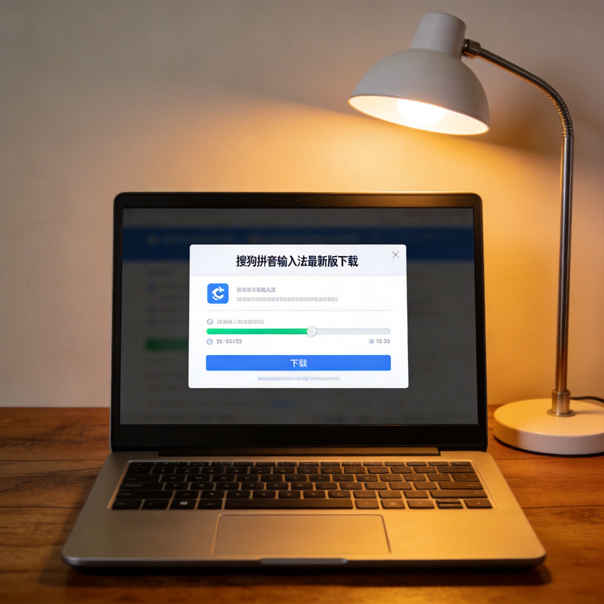 电脑桌上的电脑，屏幕显示搜狗拼音输入法最新版下载界面，旁边放着台灯