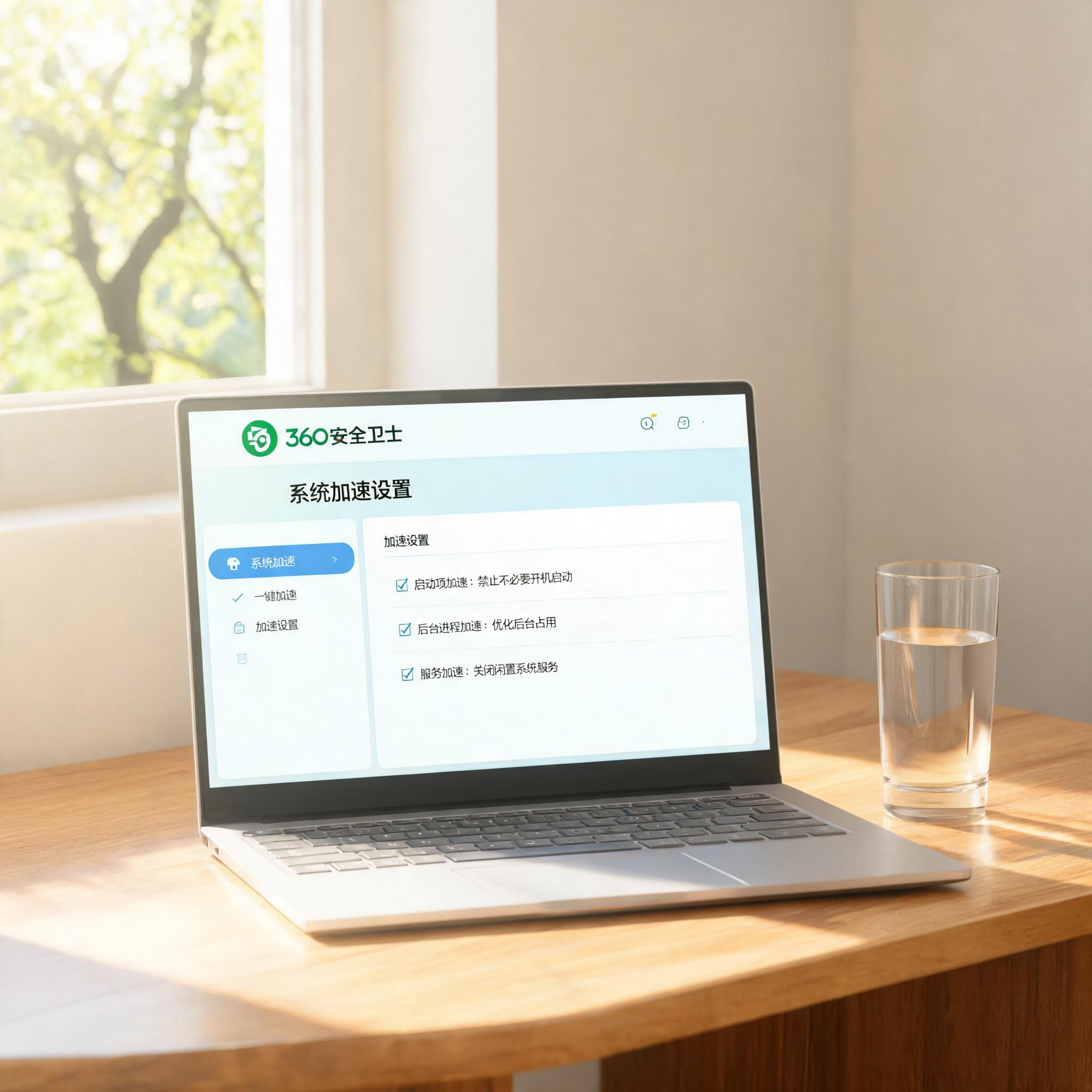 书桌上的笔记本，屏幕显示360 安全卫士系统加速设置界面，桌角放着水杯，自然光
