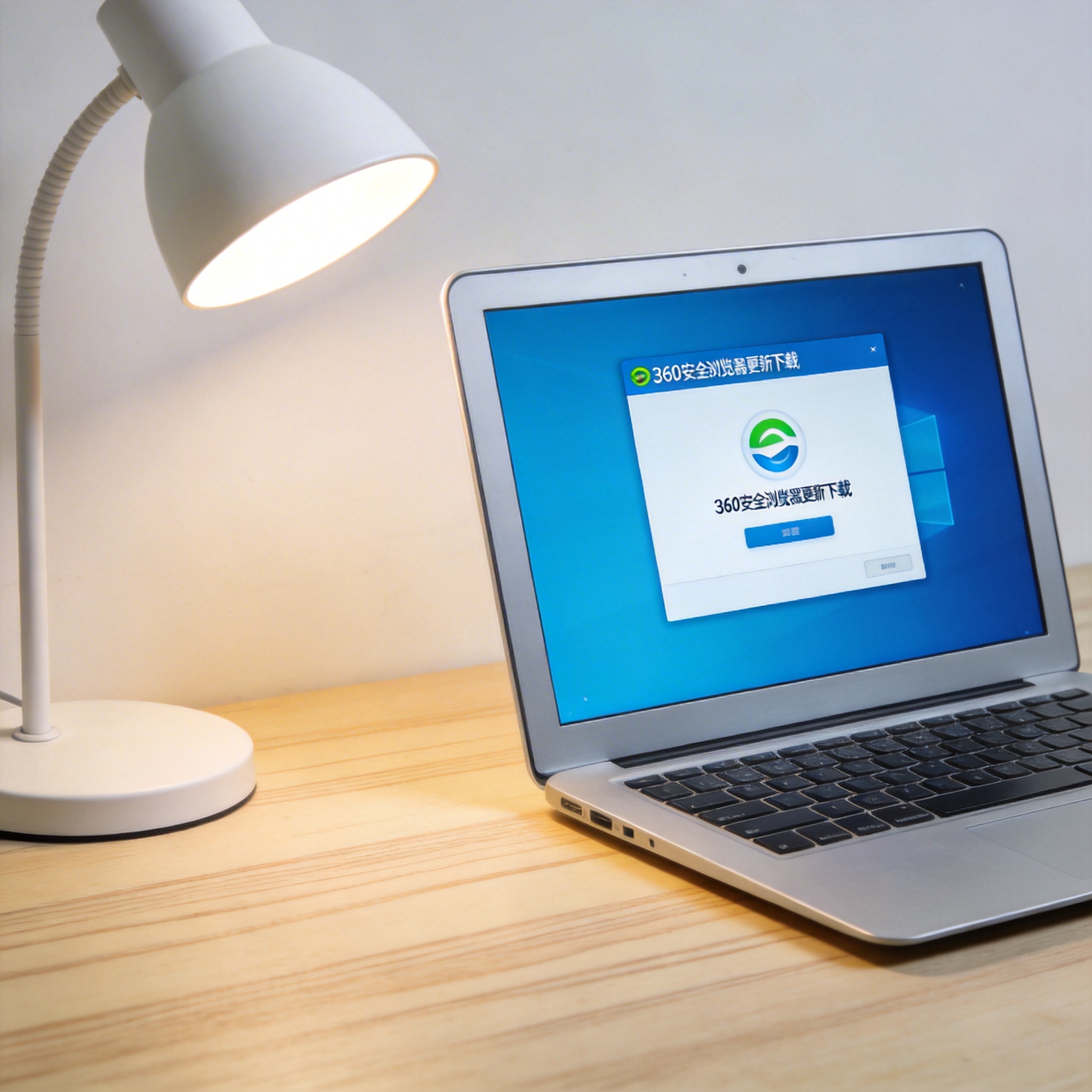 电脑桌上的电脑，屏幕显示360 安全浏览器更新下载菜单，旁边放着台灯