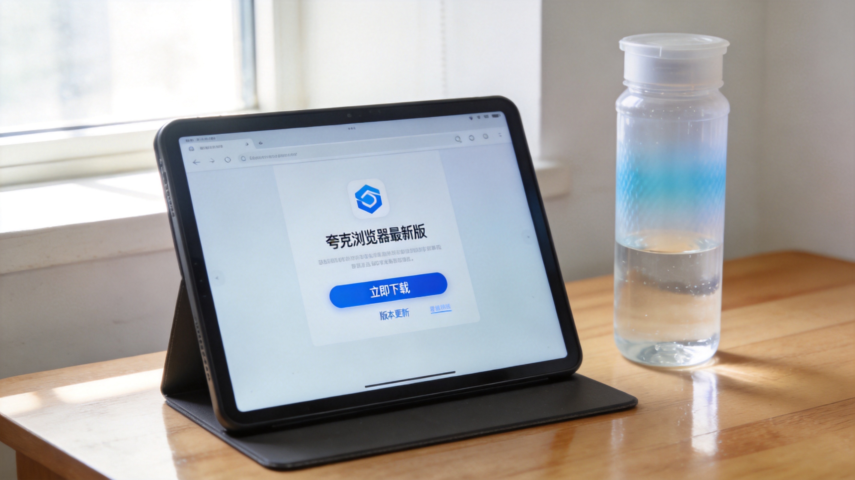 电脑桌面显示夸克浏览器最新版的下载页面，旁边放着塑料水杯，室内自然光