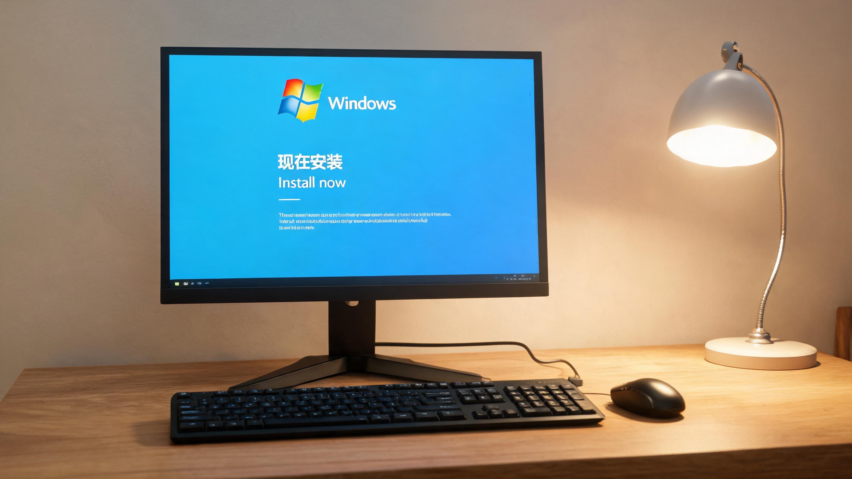 电脑桌上的电脑，屏幕显示Windows安装界面，旁边放着台灯