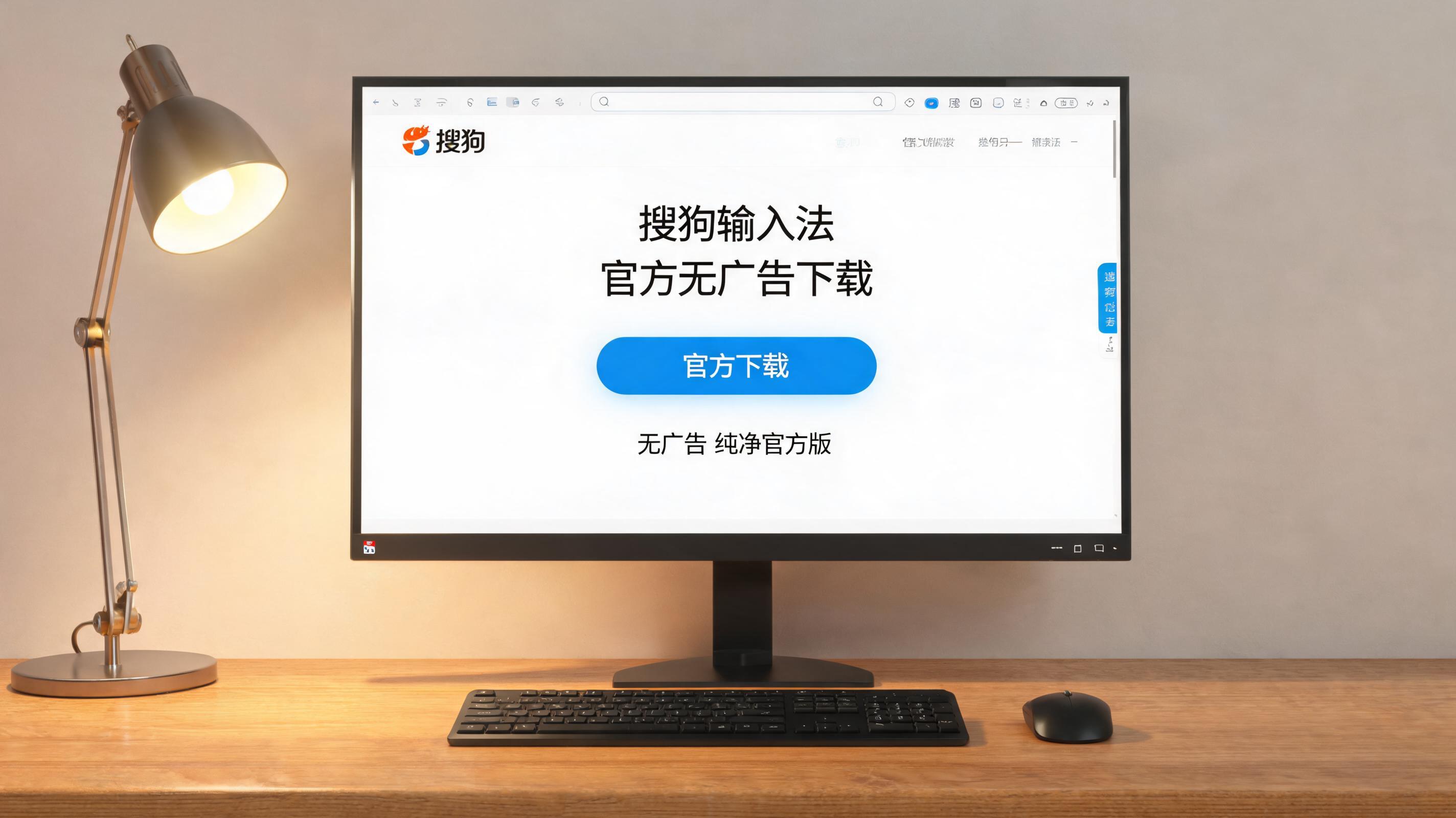 电脑桌上的电脑，屏幕显示搜狗输入法无广告官方下载界面，旁边放着台灯