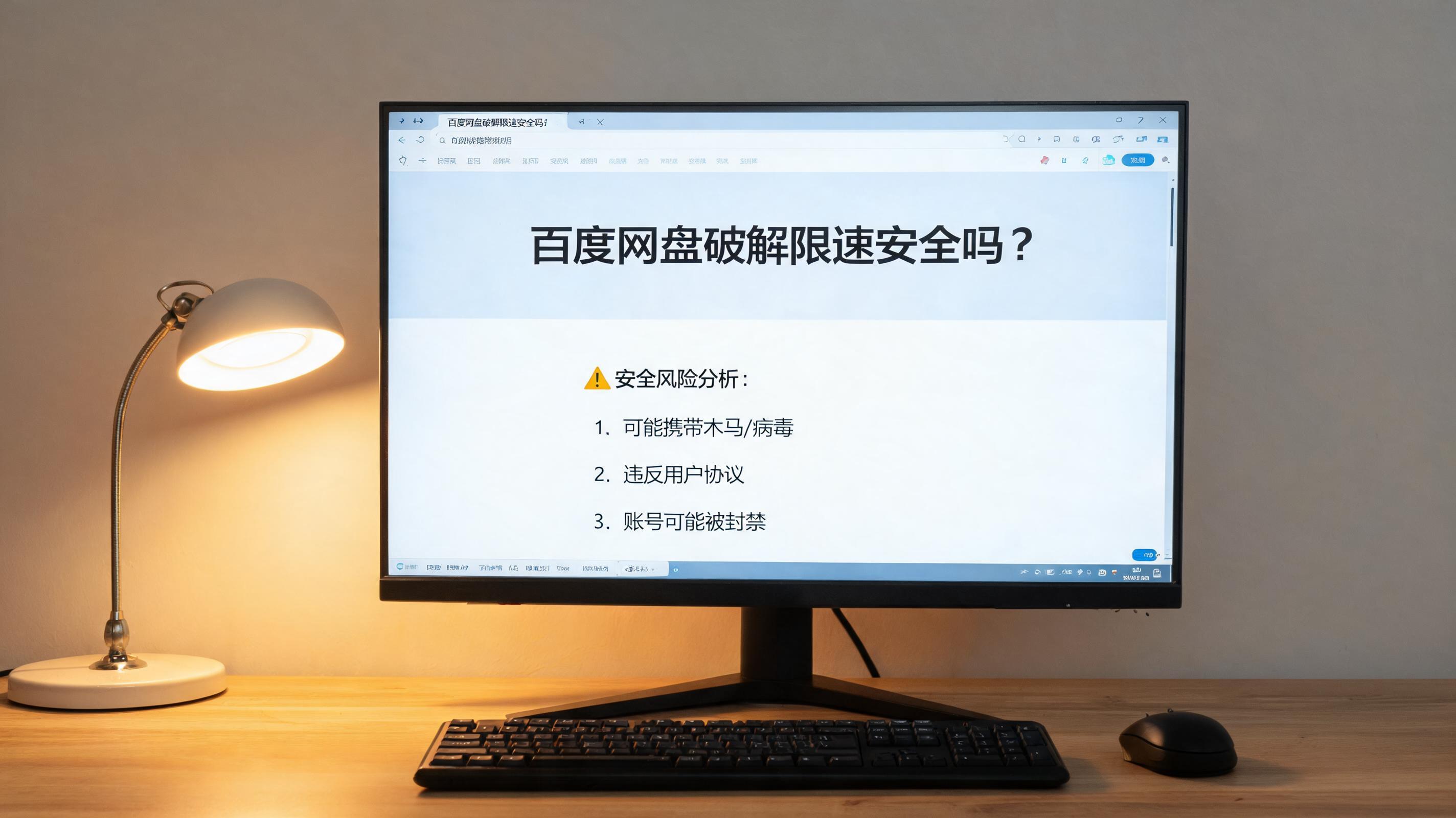 电脑桌上的电脑，屏幕显示百度网盘破解限速安全吗界面，旁边放着台灯