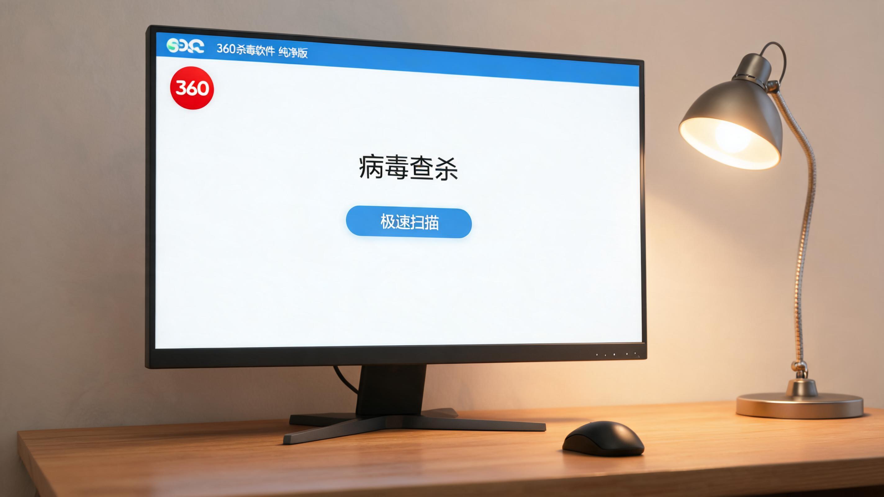 电脑桌上的电脑，屏幕显示360 杀毒软件纯净版界面，旁边放着台灯