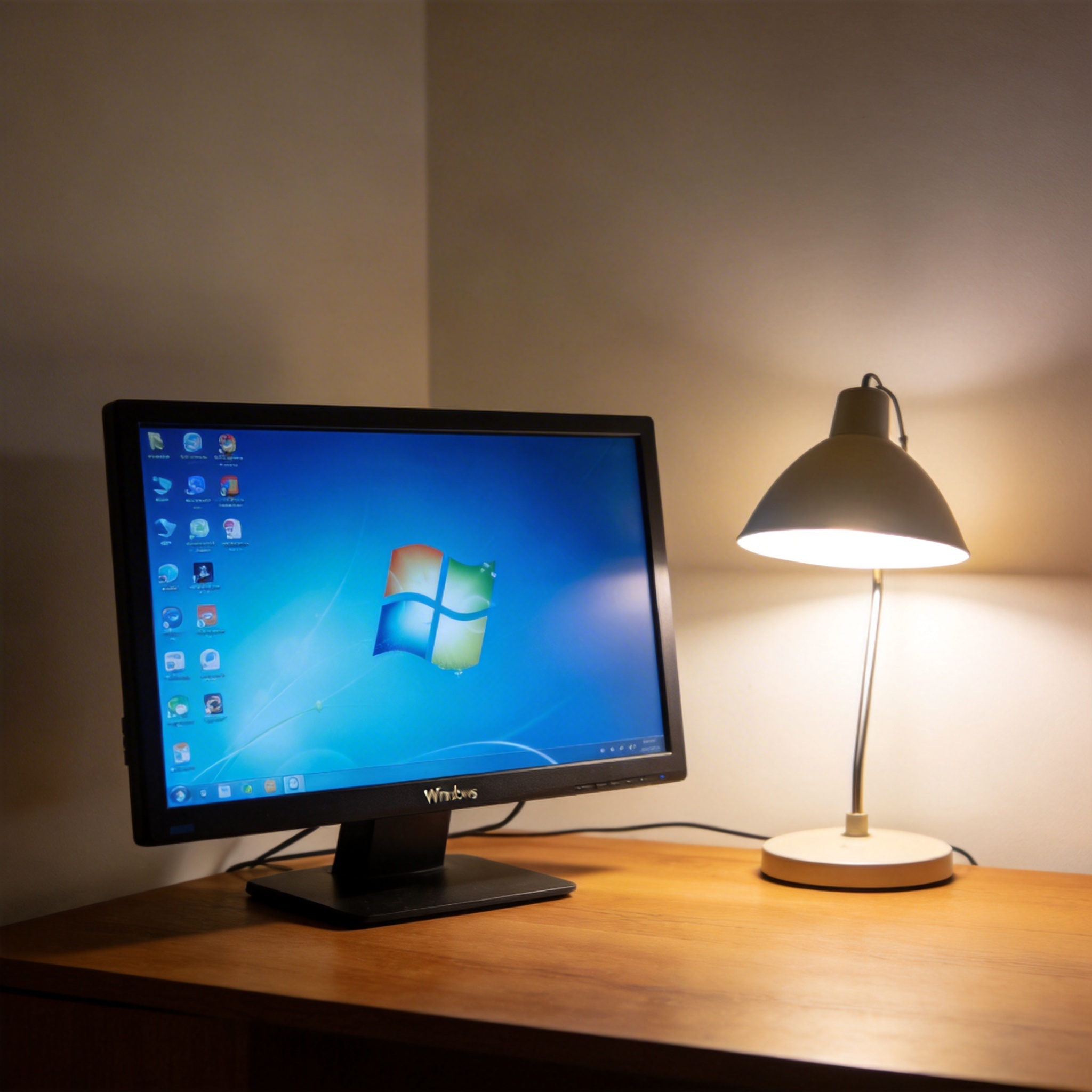 电脑桌上的电脑，屏幕显示Windows桌面，旁边放着台灯