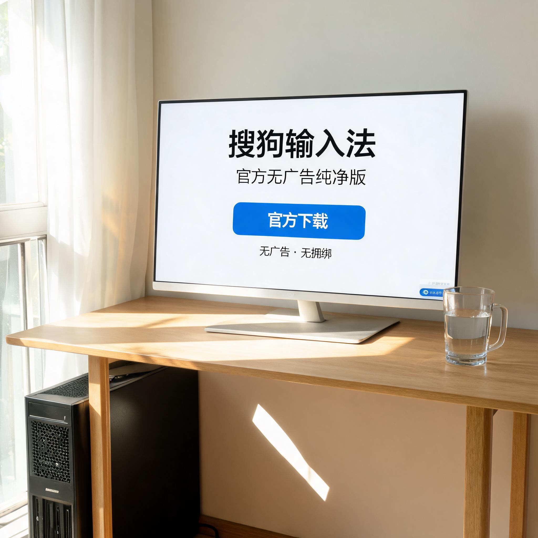 书桌上的主机，屏幕显示搜狗输入法无广告官方下载设置界面，桌角放着水杯，自然光