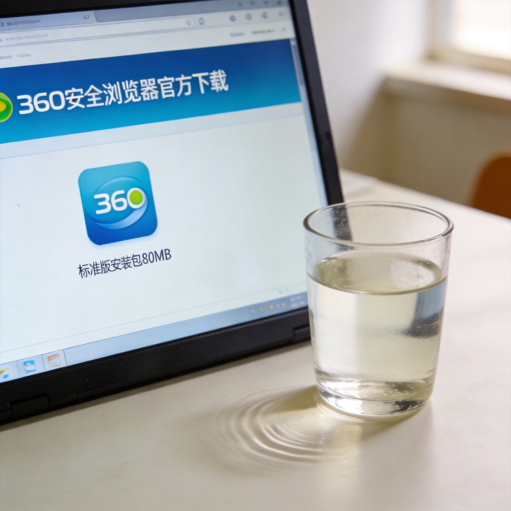 电脑桌的电脑屏幕显示360安全浏览器官方下载页面，标注着标准版安装包80MB，旁边放着半杯温水，室内自然光