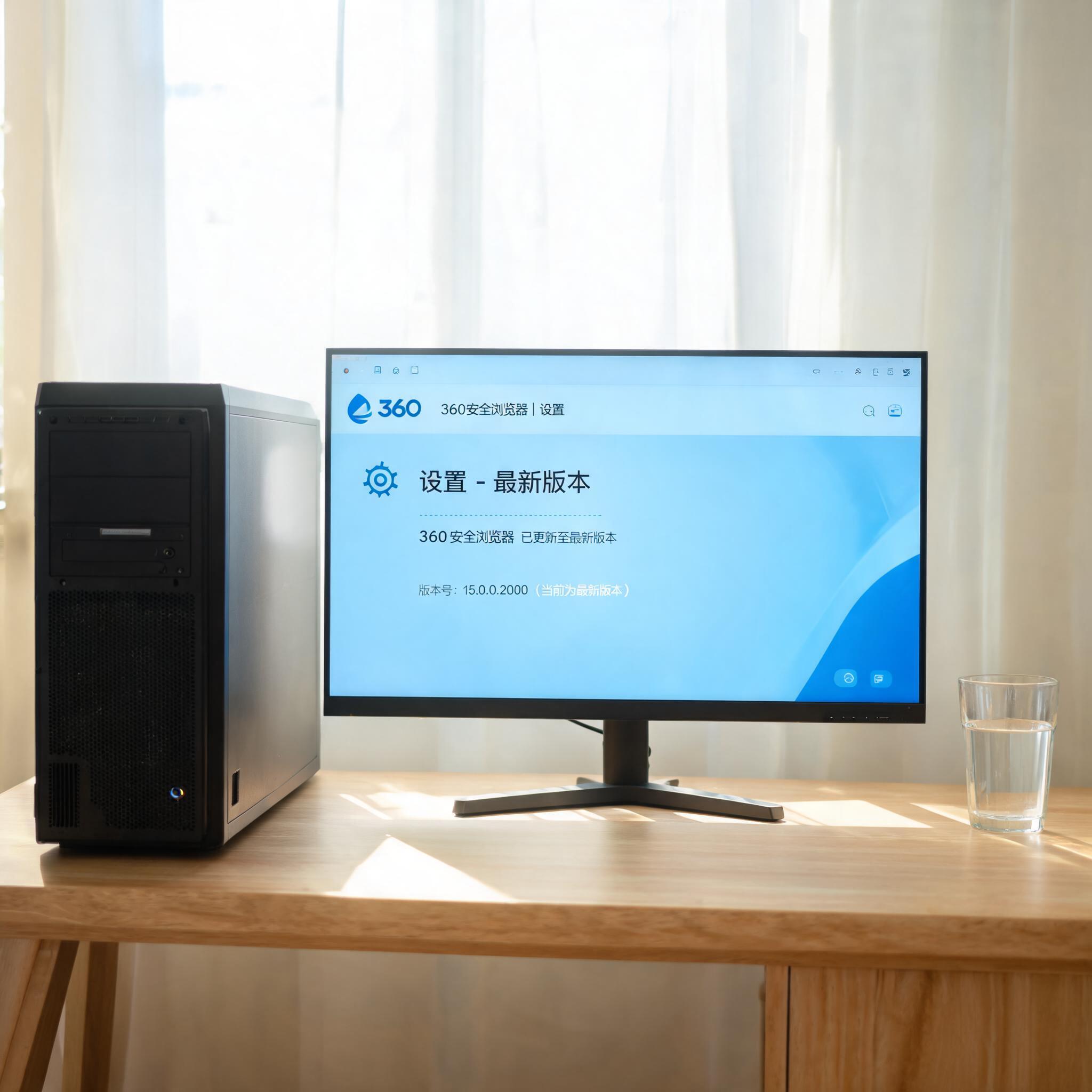 书桌上的主机，屏幕显示360 安全浏览器最新版本设置界面，桌角放着水杯，自然光