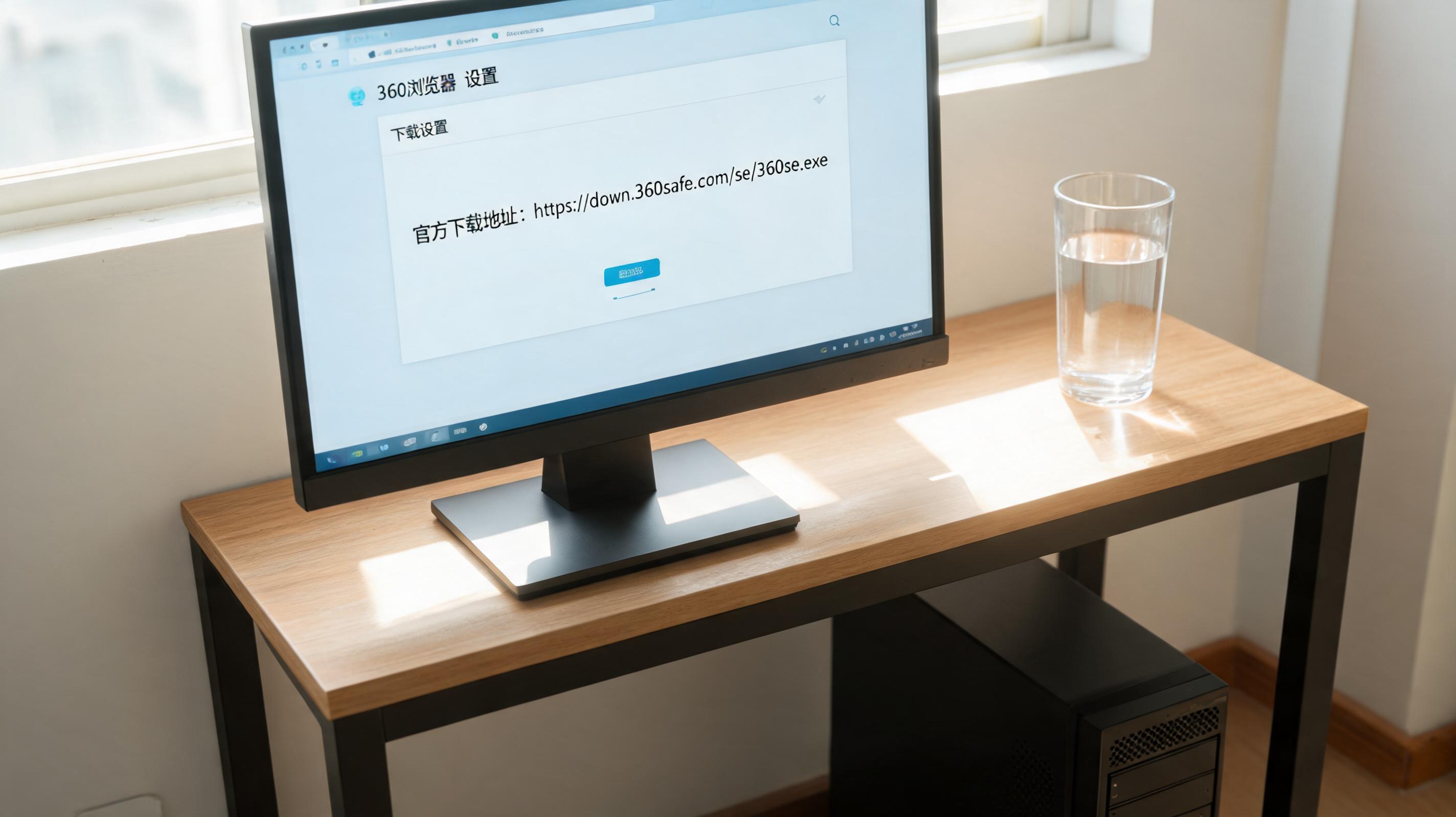 书桌上的主机，屏幕显示360 浏览器官方下载地址在哪设置界面，桌角放着水杯，自然光