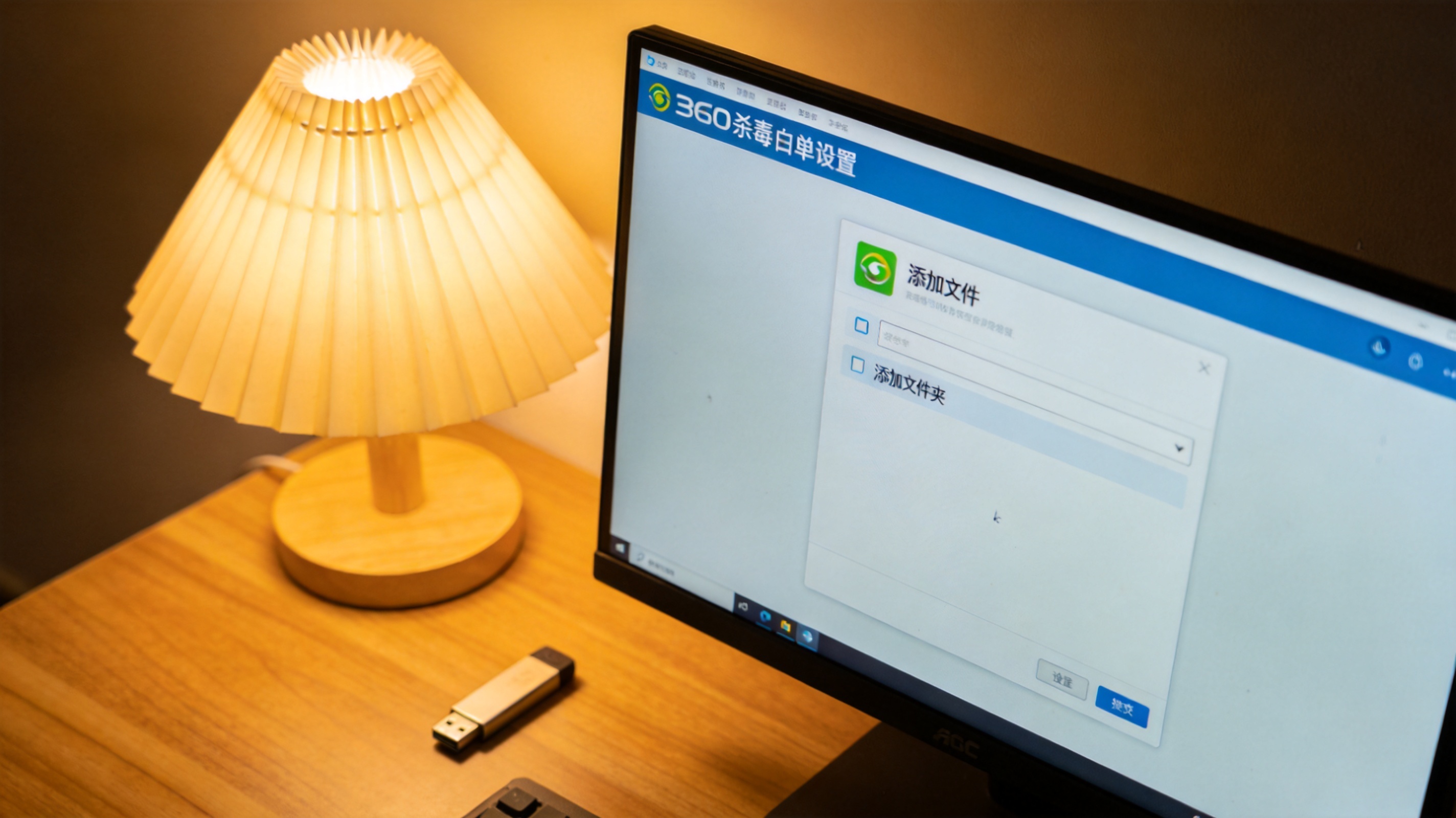 电脑屏幕显示360杀毒软件白名单设置页面，界面上有“添加文件”“添加文件夹”选项，旁边桌面放着U盘，台灯暖光