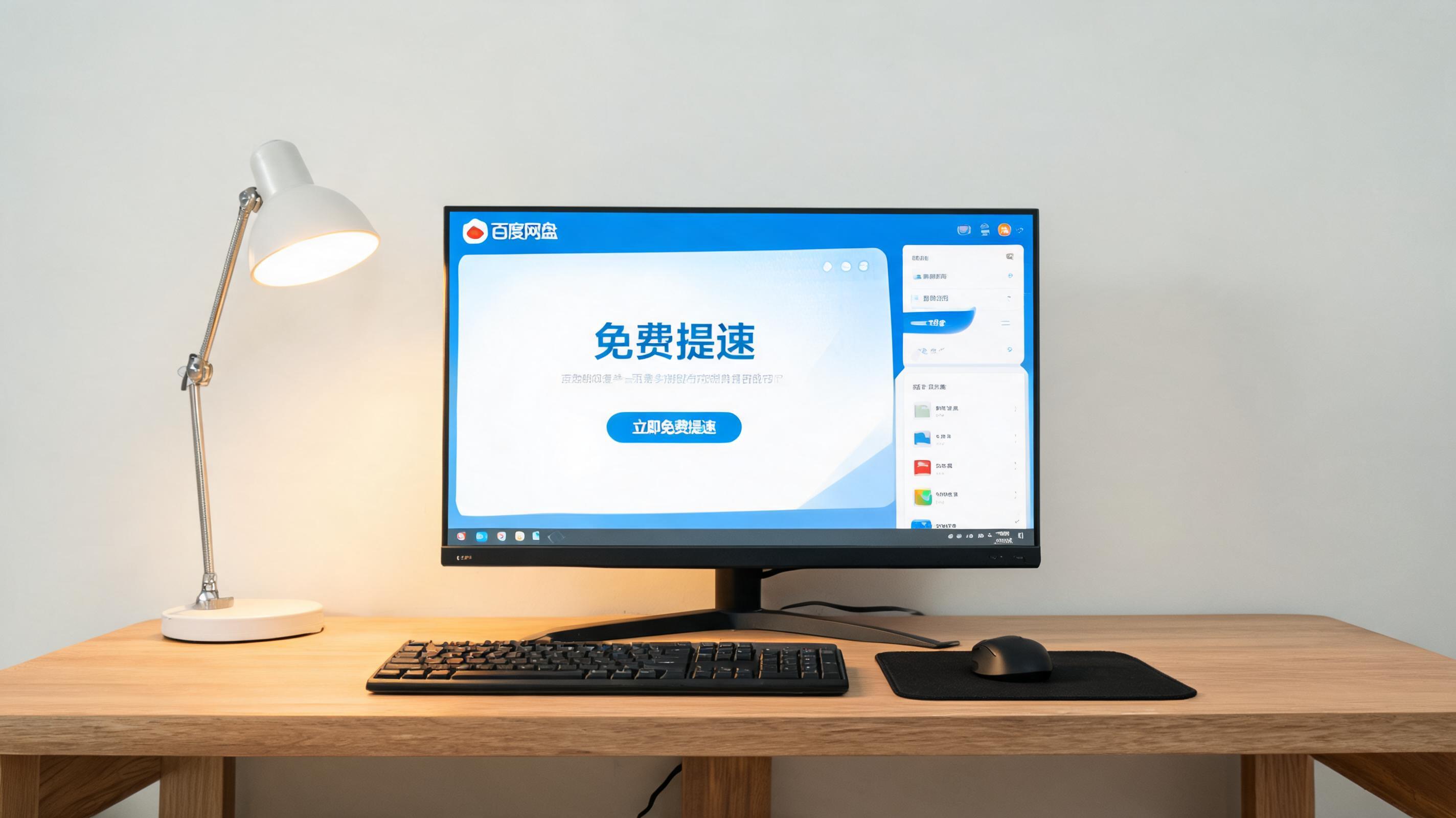 电脑桌上的电脑，屏幕显示百度网盘免费提速电脑界面，旁边放着台灯