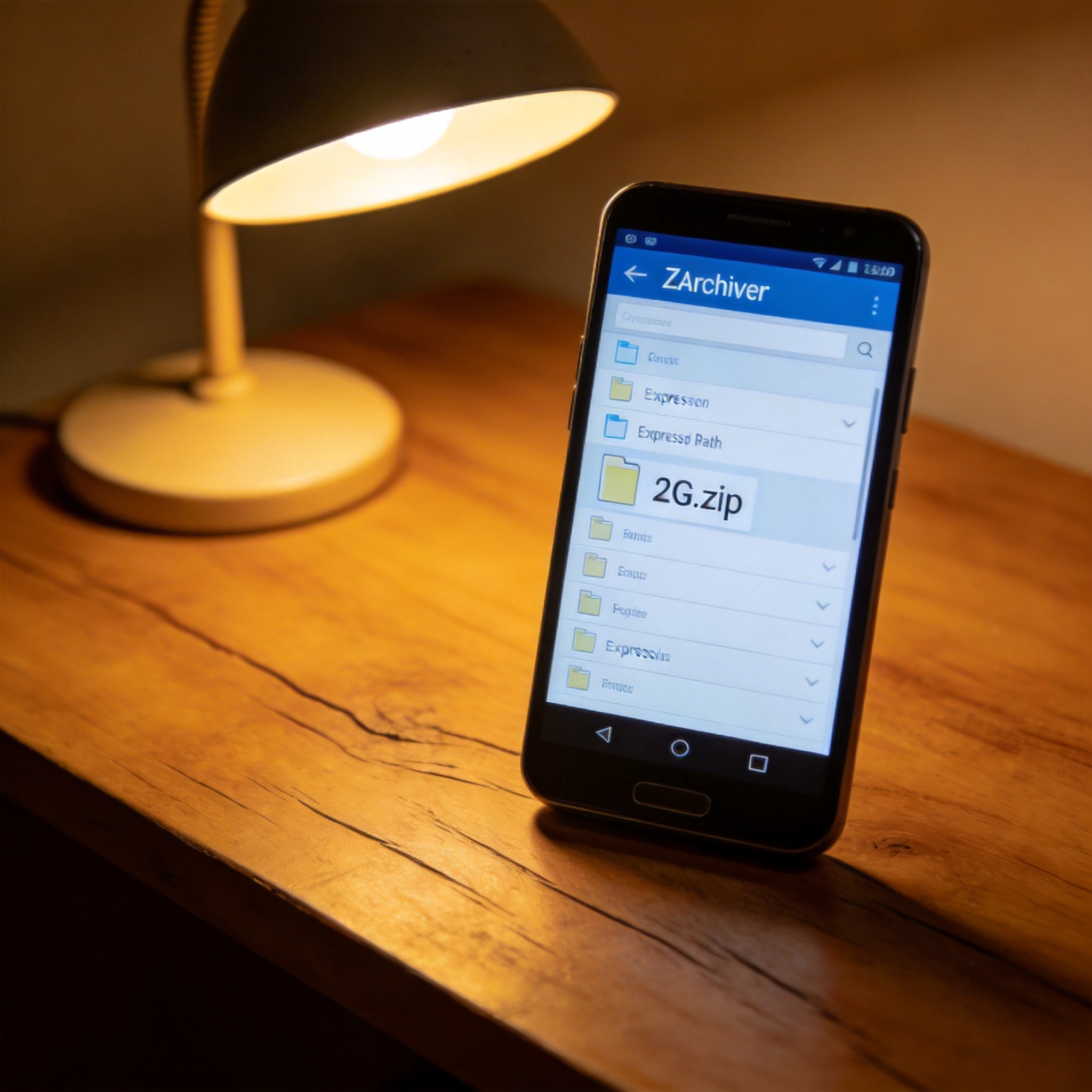 安卓手机摆在书桌，屏幕显示ZArchiver的解压路径选择界面，待解压的2G大小zip文件在列表中，台灯暖光