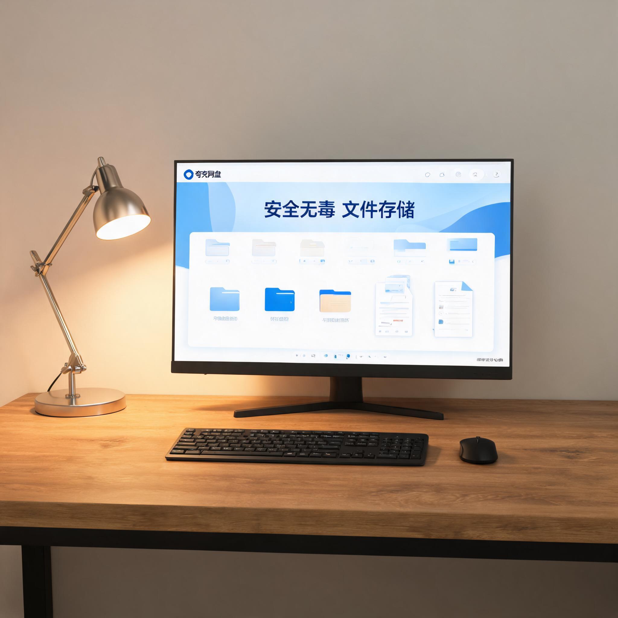 电脑桌上的电脑，屏幕显示夸克网盘安全无毒文件存储界面，旁边放着台灯
