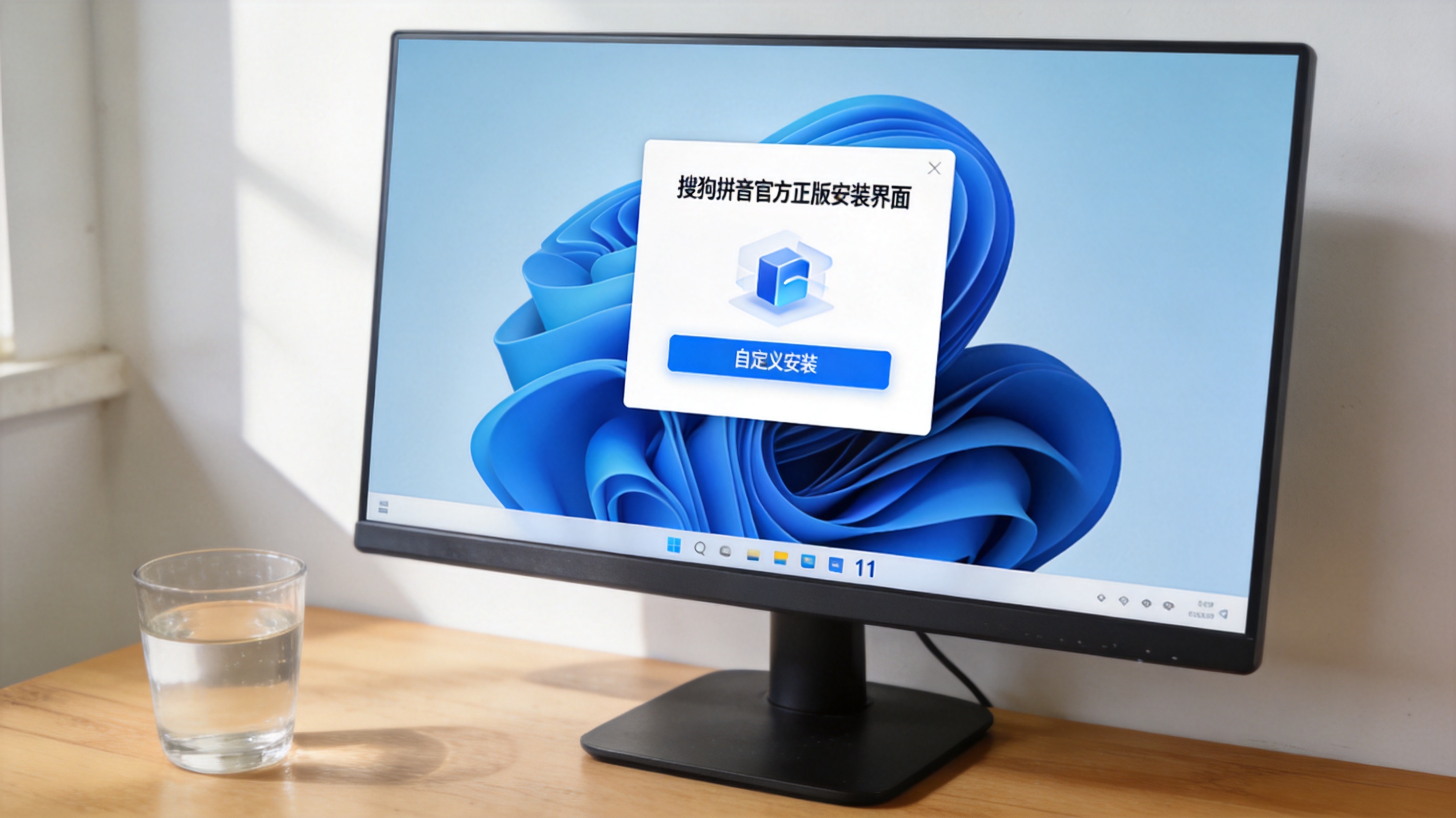 电脑桌的Windows11系统电脑，屏幕显示搜狗拼音官方正版安装界面，界面上有自定义安装选项，桌面放着半杯温水，室内自然光