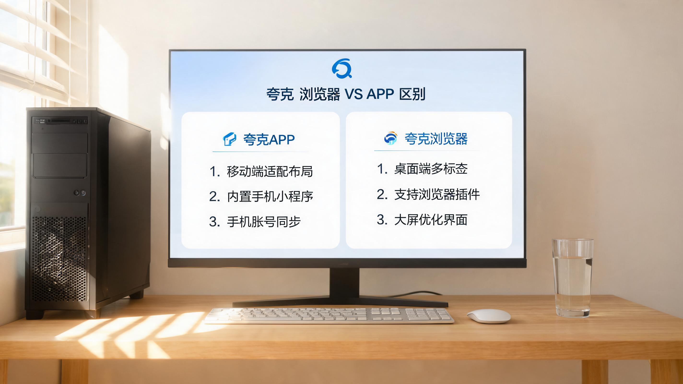 书桌上的主机，屏幕显示夸克浏览器和夸克 APP 区别设置界面，桌角放着水杯，自然光