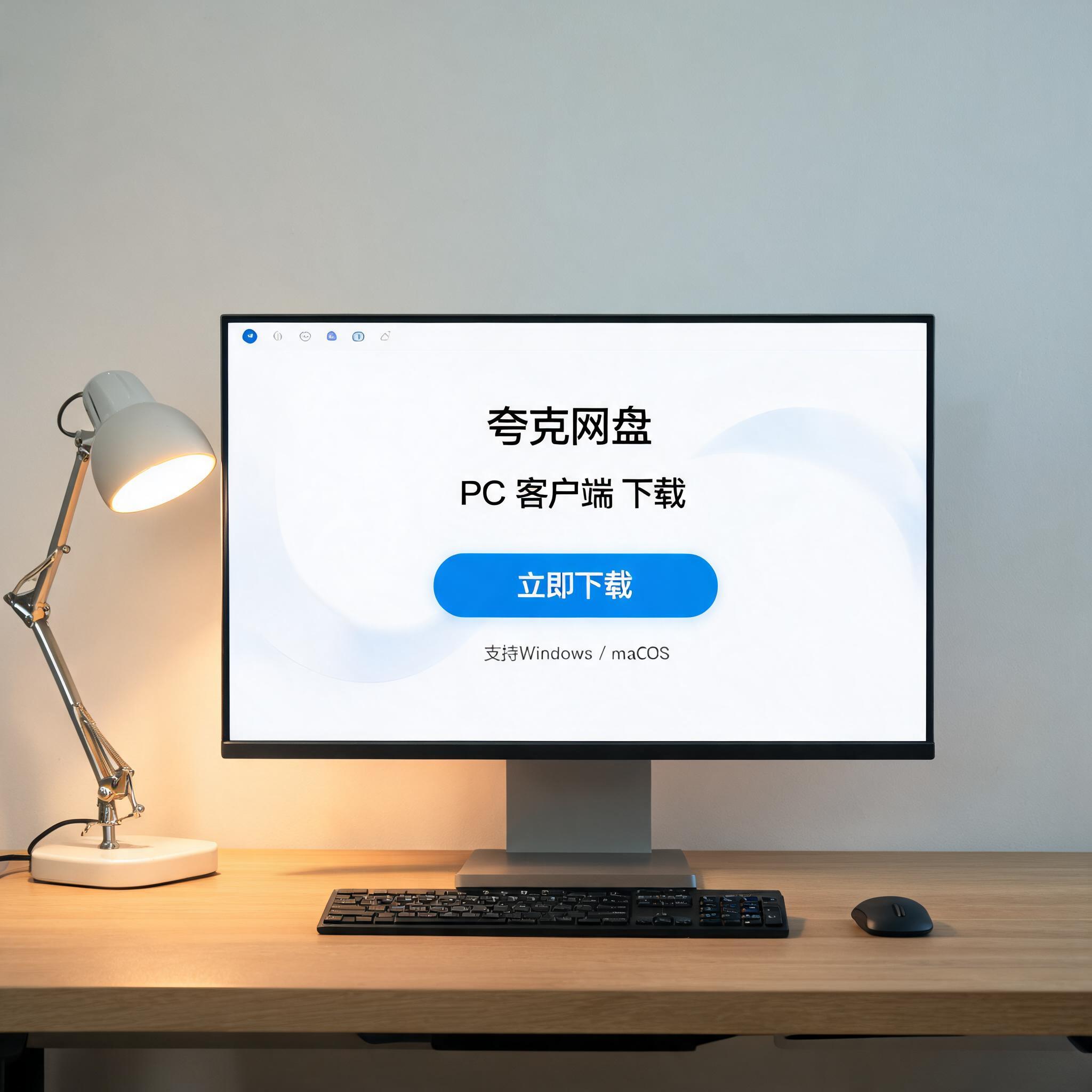 电脑桌上的电脑，屏幕显示夸克网盘 PC 客户端下载界面，旁边放着台灯