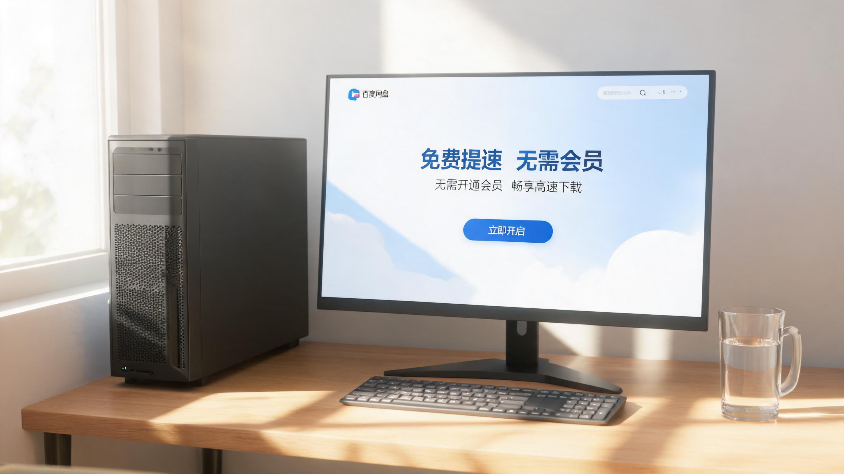 书桌上的主机，屏幕显示百度网盘免费提速无需会员设置界面，桌角放着水杯，自然光
