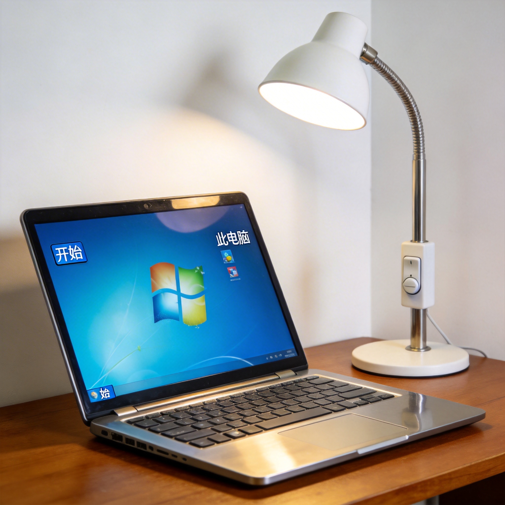 电脑桌上的电脑，屏幕显示Windows界面，旁边放着台灯