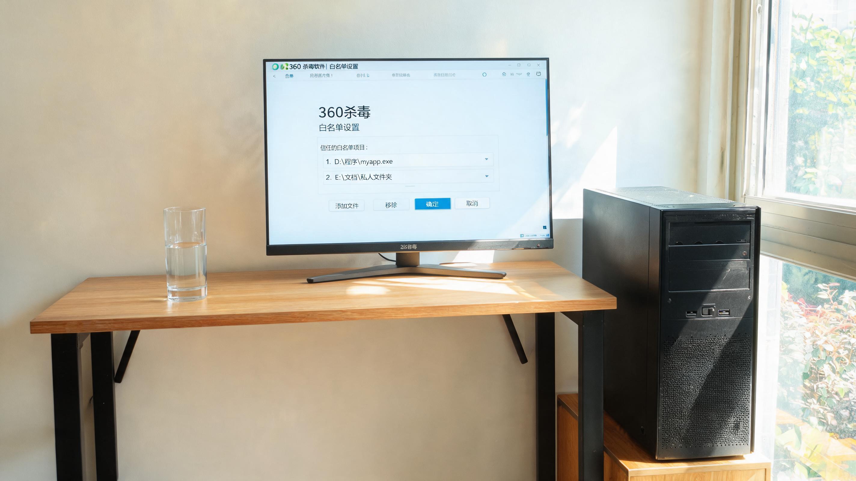 书桌上的主机，屏幕显示360 杀毒软件白名单设置设置界面，桌角放着水杯，自然光