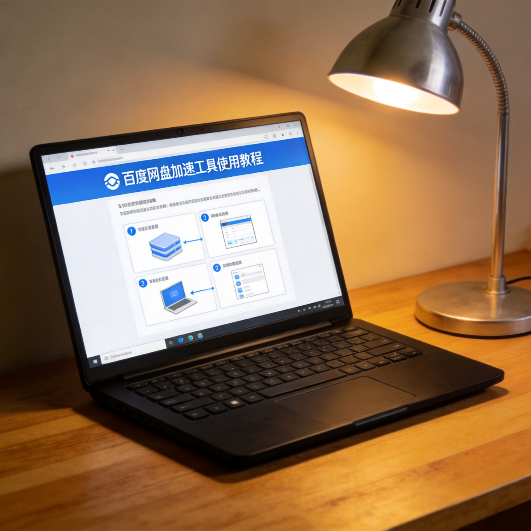 电脑桌上的电脑，屏幕显示百度网盘加速工具使用教程界面，旁边放着台灯