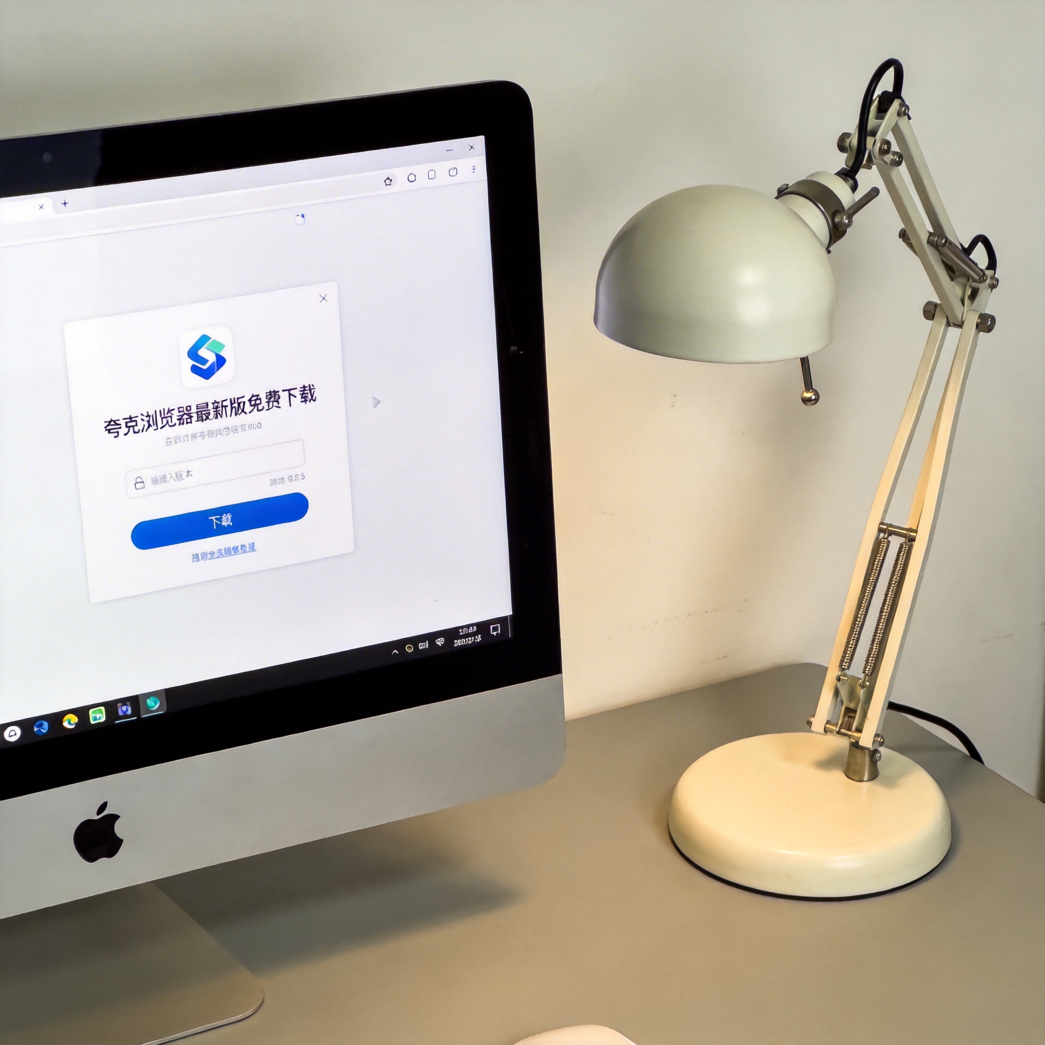 电脑桌上的电脑，屏幕显示夸克浏览器最新版免费下载界面，旁边放着台灯
