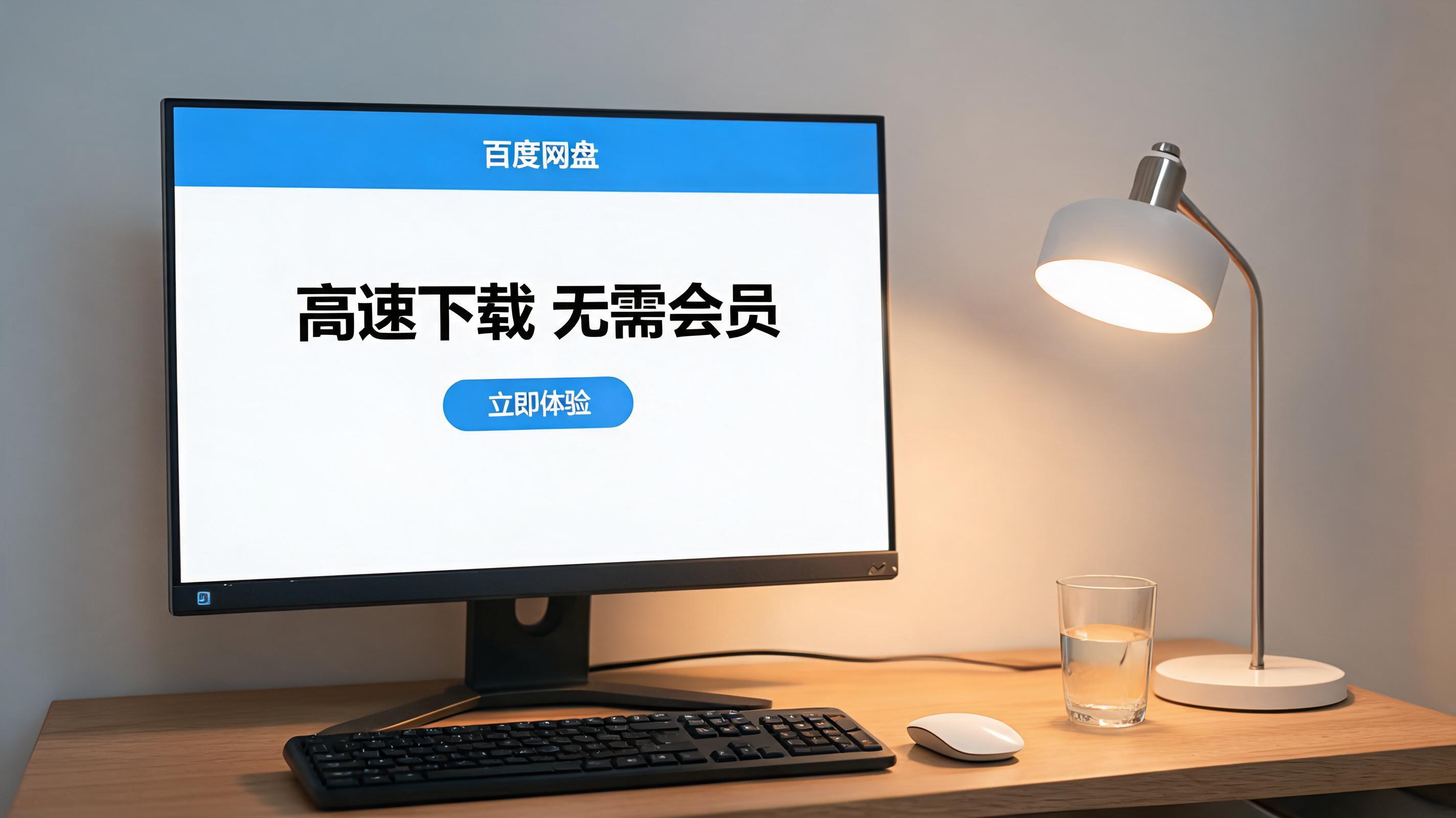 电脑桌上的电脑，屏幕显示百度网盘高速下载无需会员界面，旁边放着台灯