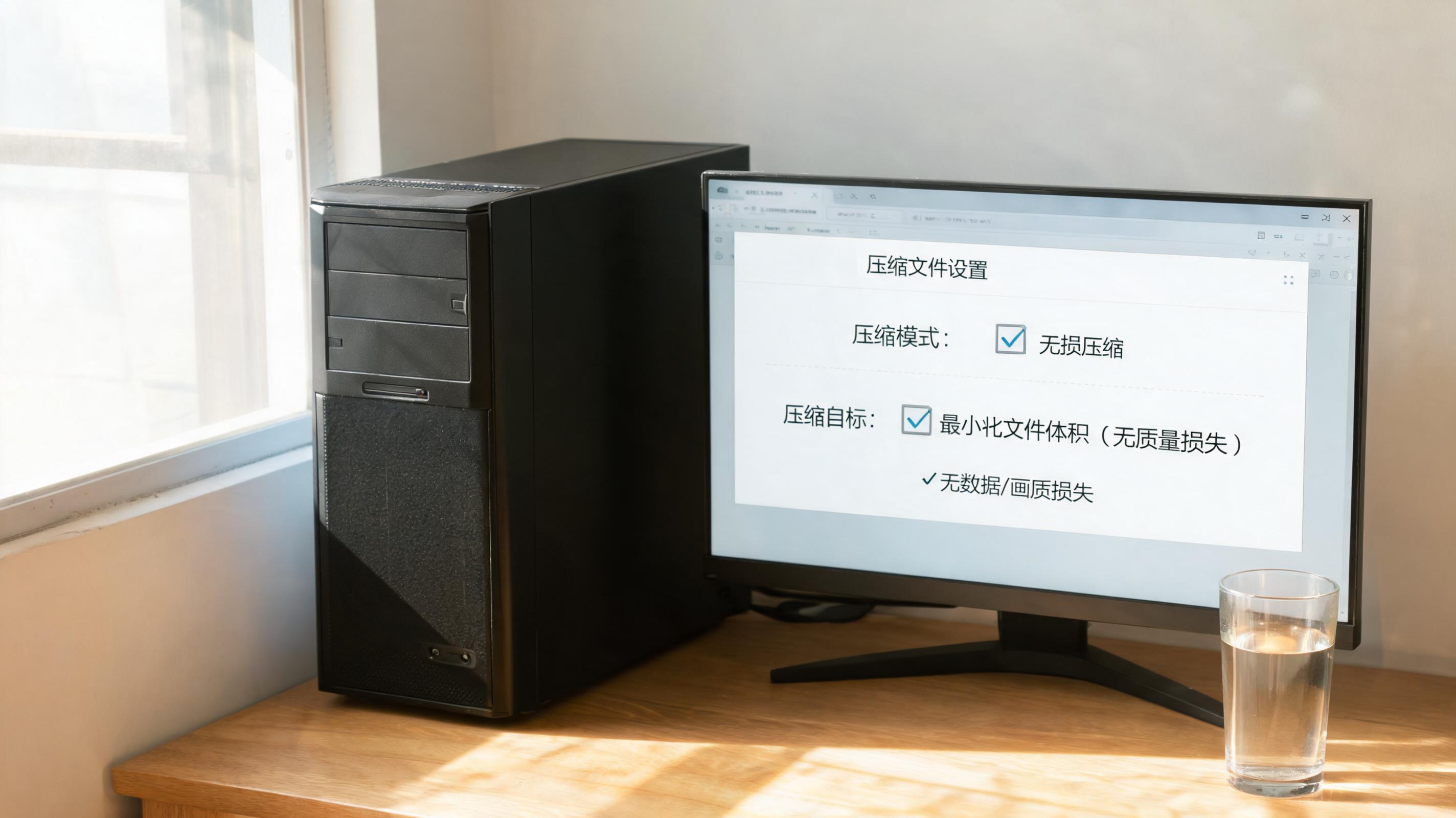 书桌上的主机，屏幕显示压缩文件变小无损压缩设置界面，桌角放着水杯，自然光