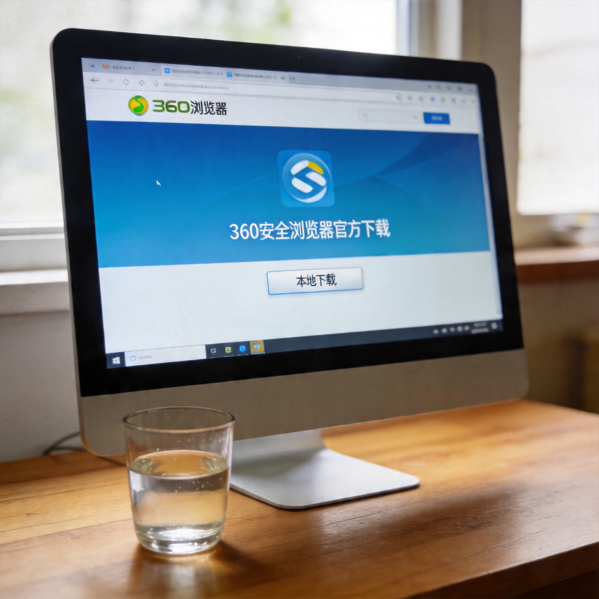 电脑桌的电脑屏幕显示360安全浏览器官方下载页面，页面下方的“本地下载”选项清晰可见，旁边放着半杯温水，室内自然光