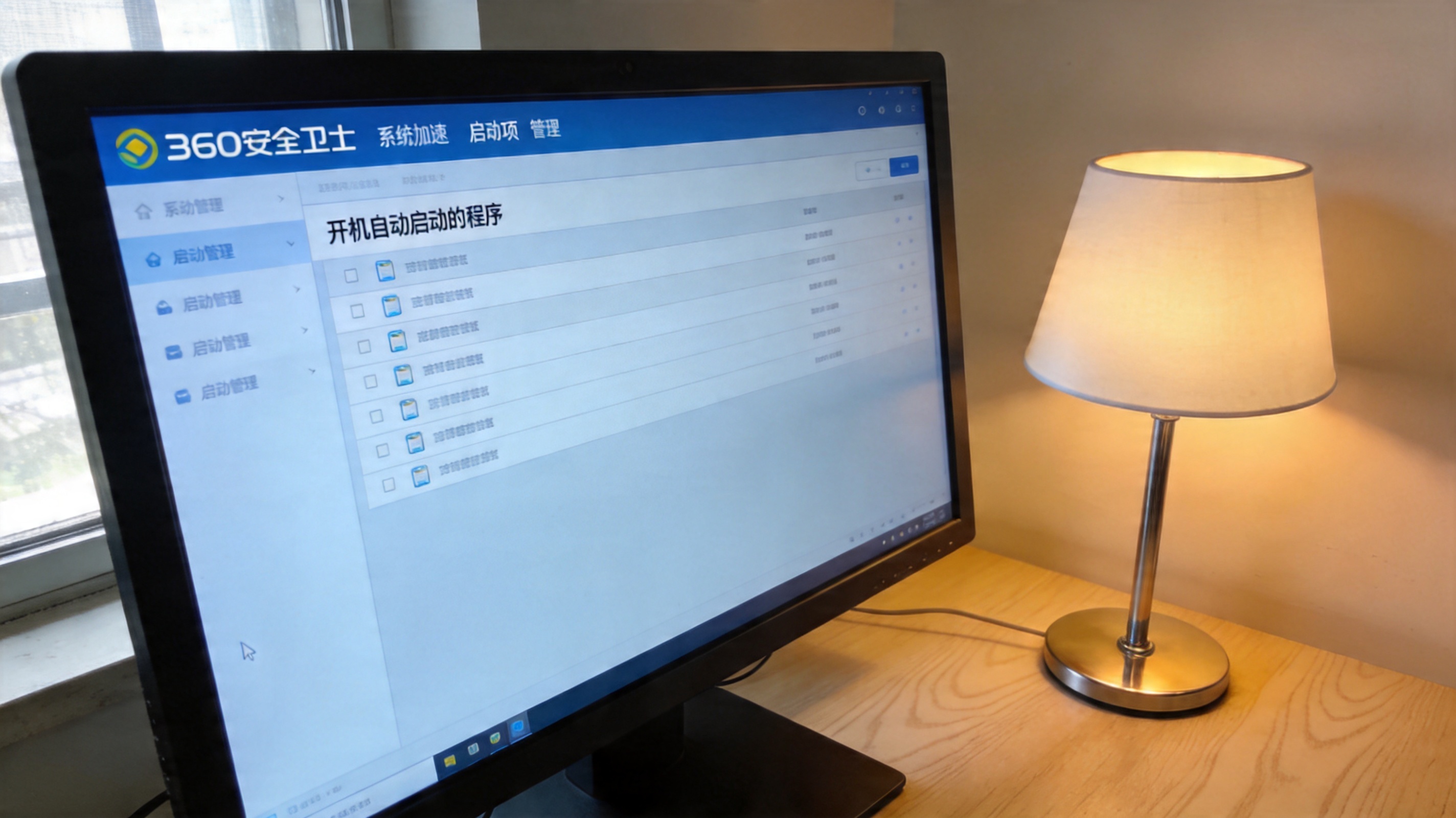 电脑屏幕显示360安全卫士系统加速的启动项管理页面，页面列出开机自动启动的程序，旁边的桌面有台灯，台灯暖光