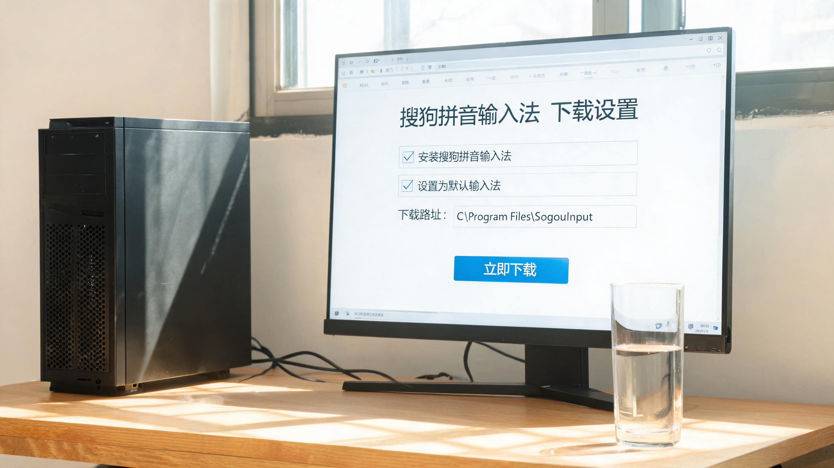 书桌上的主机，屏幕显示搜狗拼音输入法下载设置界面，桌角放着水杯，自然光