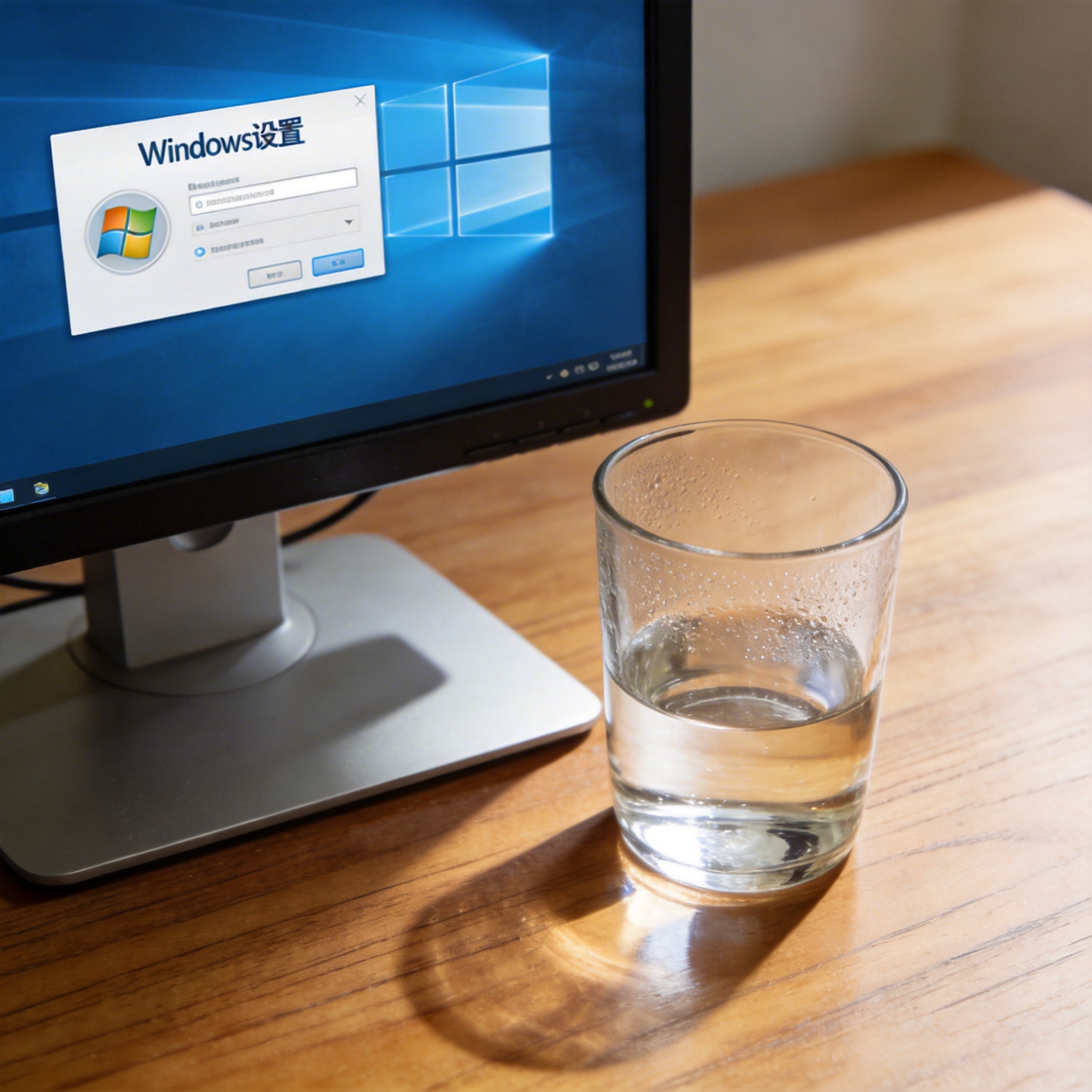 书桌上的主机，屏幕显示Windows设置界面，桌角放着水杯，自然光